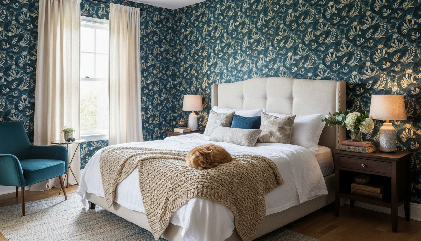 Space Serpent - Teal Blå/Beige Tapet med slingrande ormar och växter