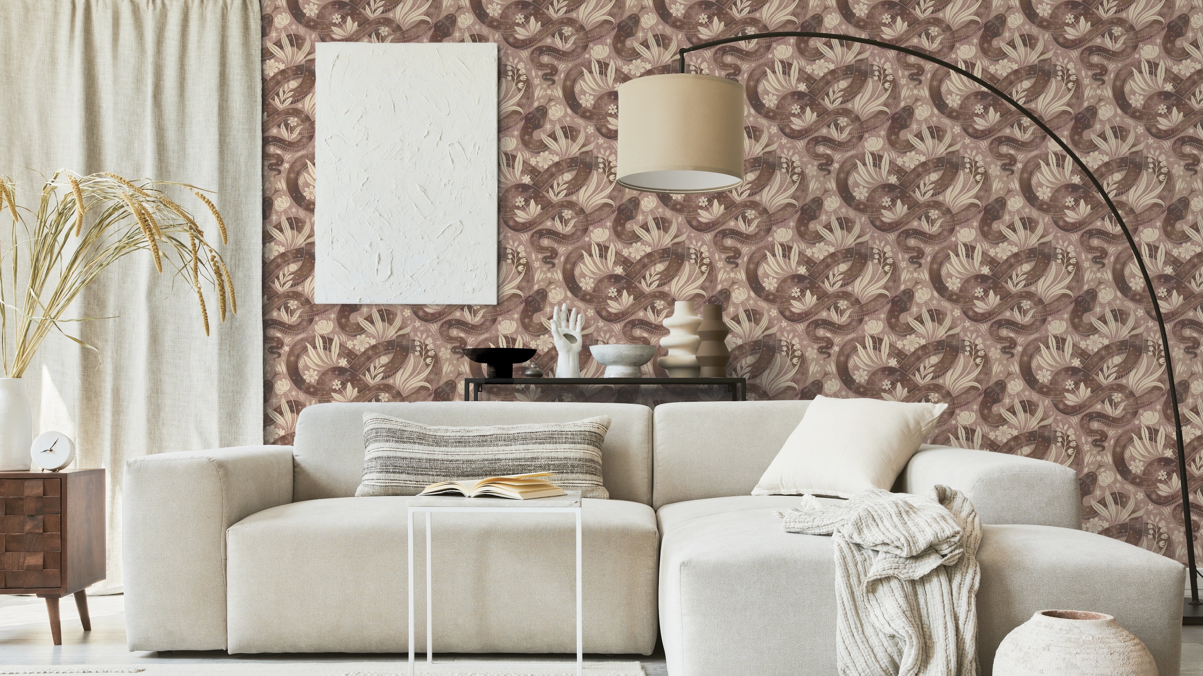 Space Serpent - Earth Rosa - Tapet med slingrande ormar och växter