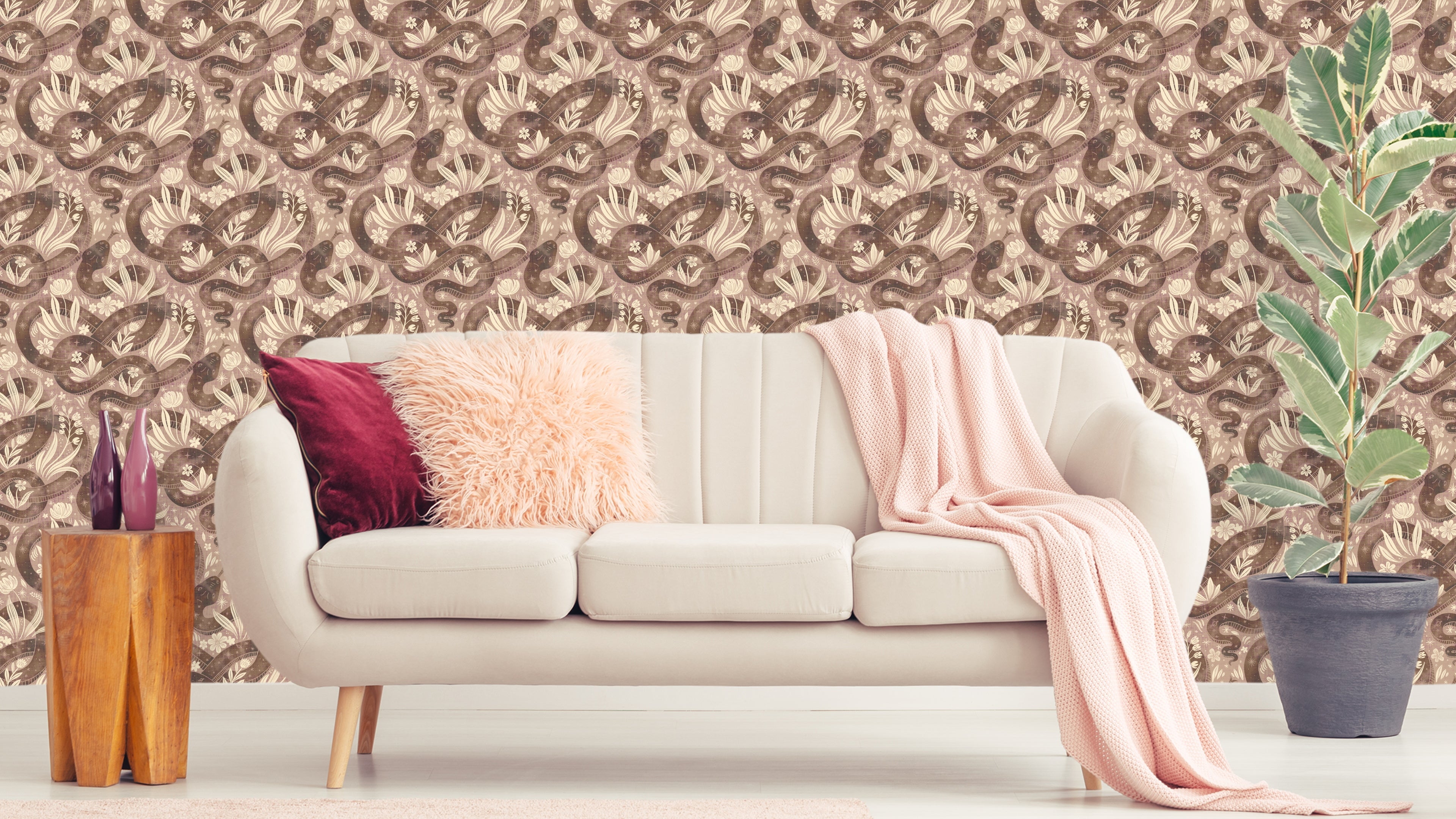 Space Serpent - Earth Rosa - Tapet med slingrande ormar och växter