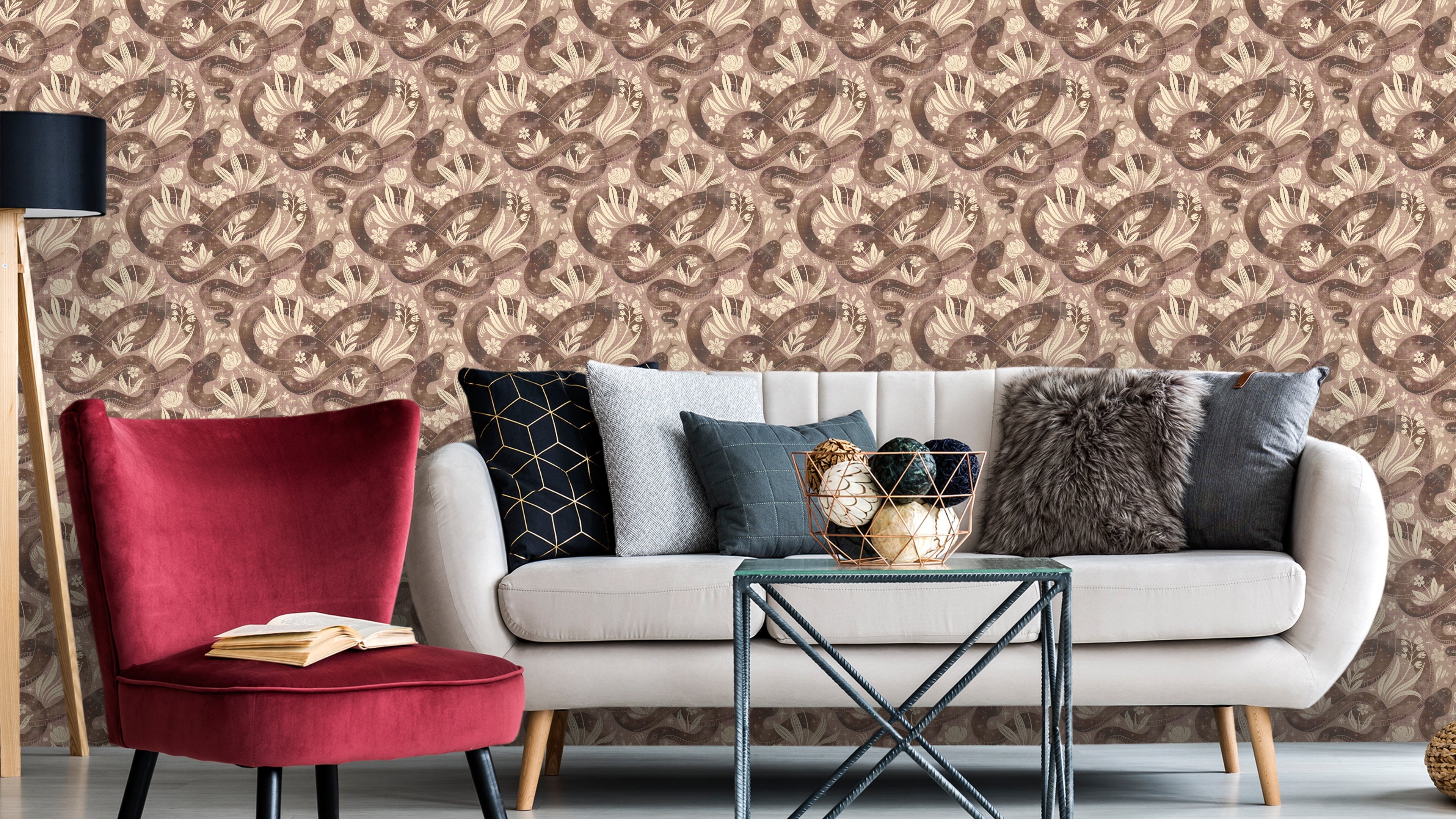 Space Serpent - Earth Rosa - Tapet med slingrande ormar och växter