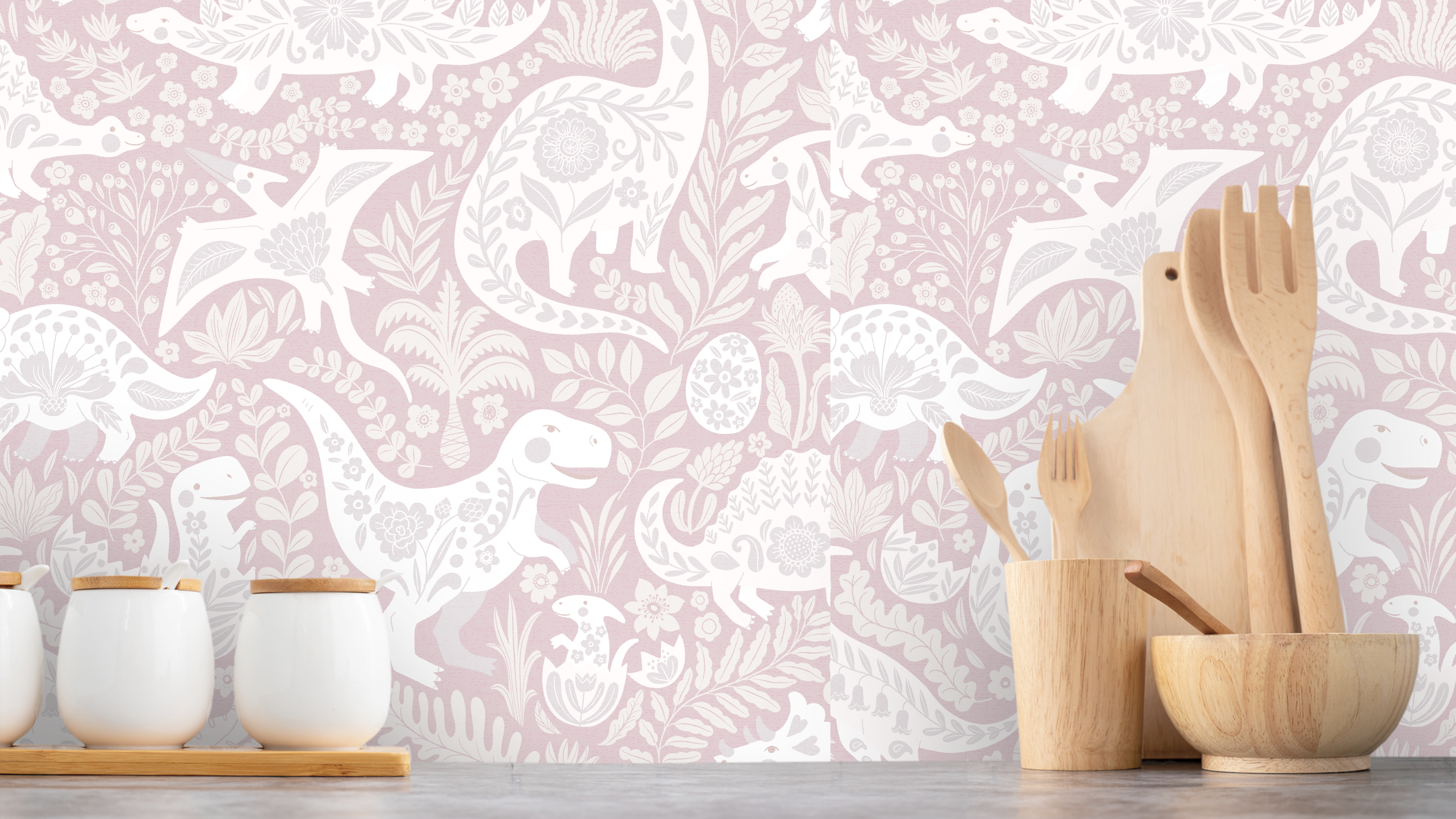 Reveal Wallpaper People art dinosaurs - half drop - pink – kvalitetsprodukt för ett vackrare och mer hållbart hem