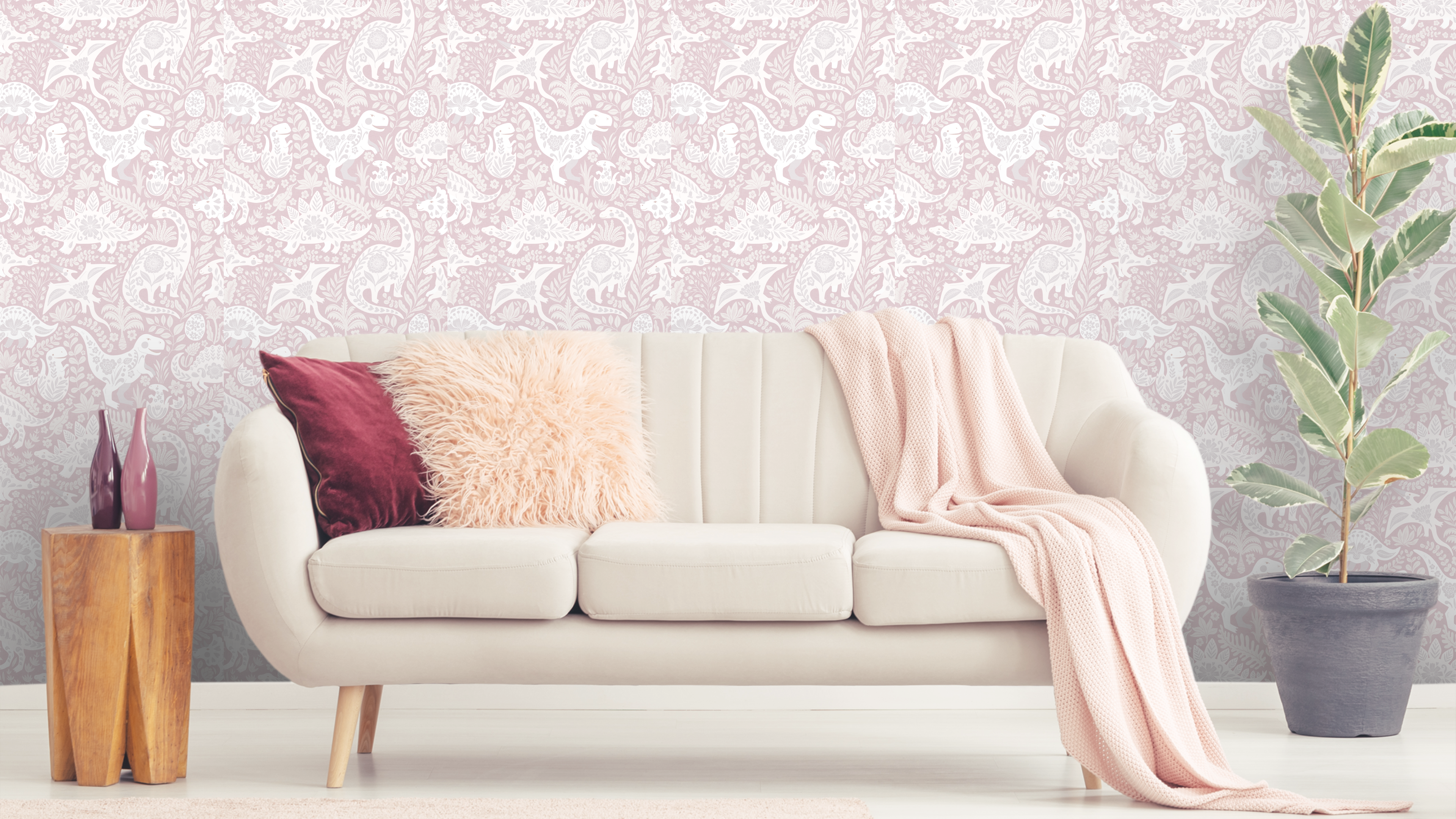 Reveal Wallpaper People art dinosaurs - half drop - pink – kvalitetsprodukt för ett vackrare och mer hållbart hem