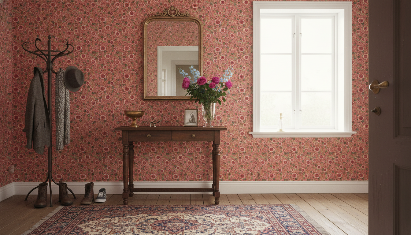 Springtime - Röd - Färgglad tapet med blommor och grönska