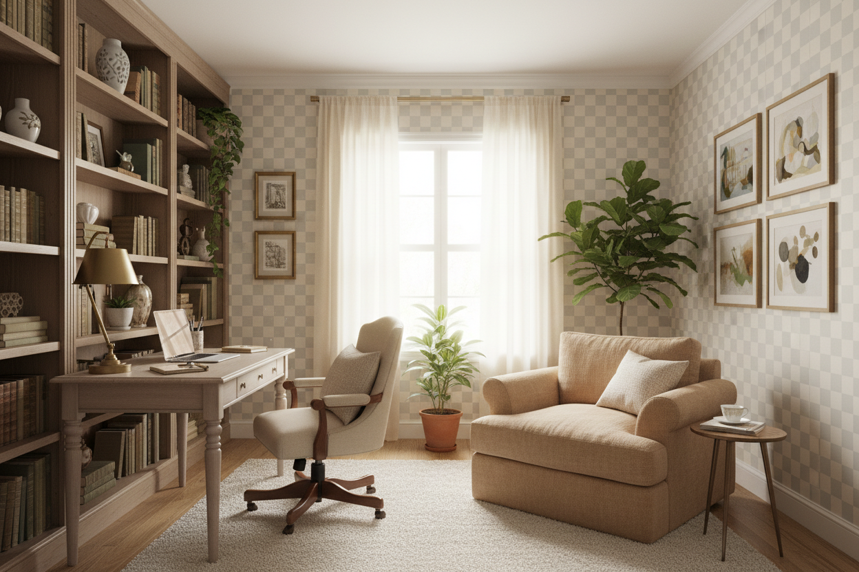 Reval Wallpaper Checkers - Pearl - Tapet med rutigt mönster i gråbeige – högkvalitativ tapet för en personlig och harmonis...
