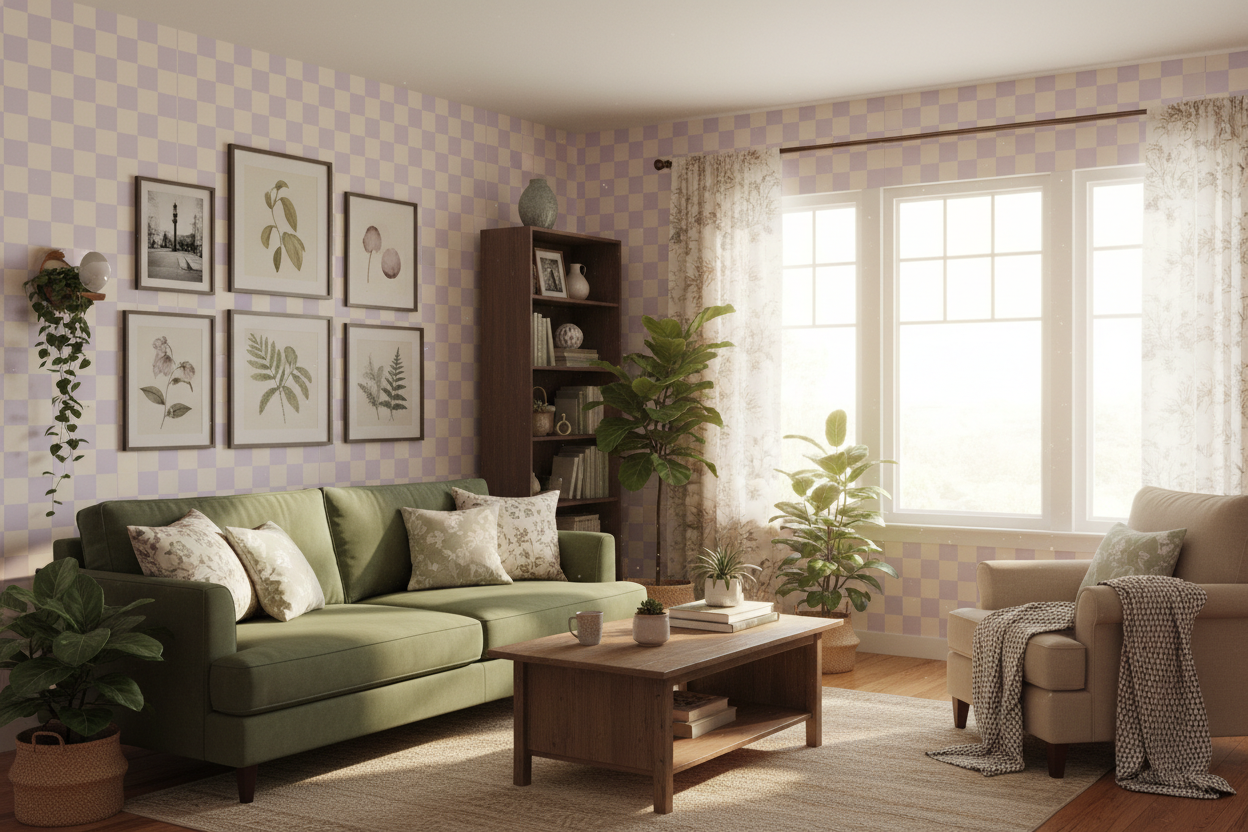 Reval Wallpaper Checkers - Lilac - Tapet med rutigt mönster i pastellfärger – högkvalitativ tapet för en personlig och har...