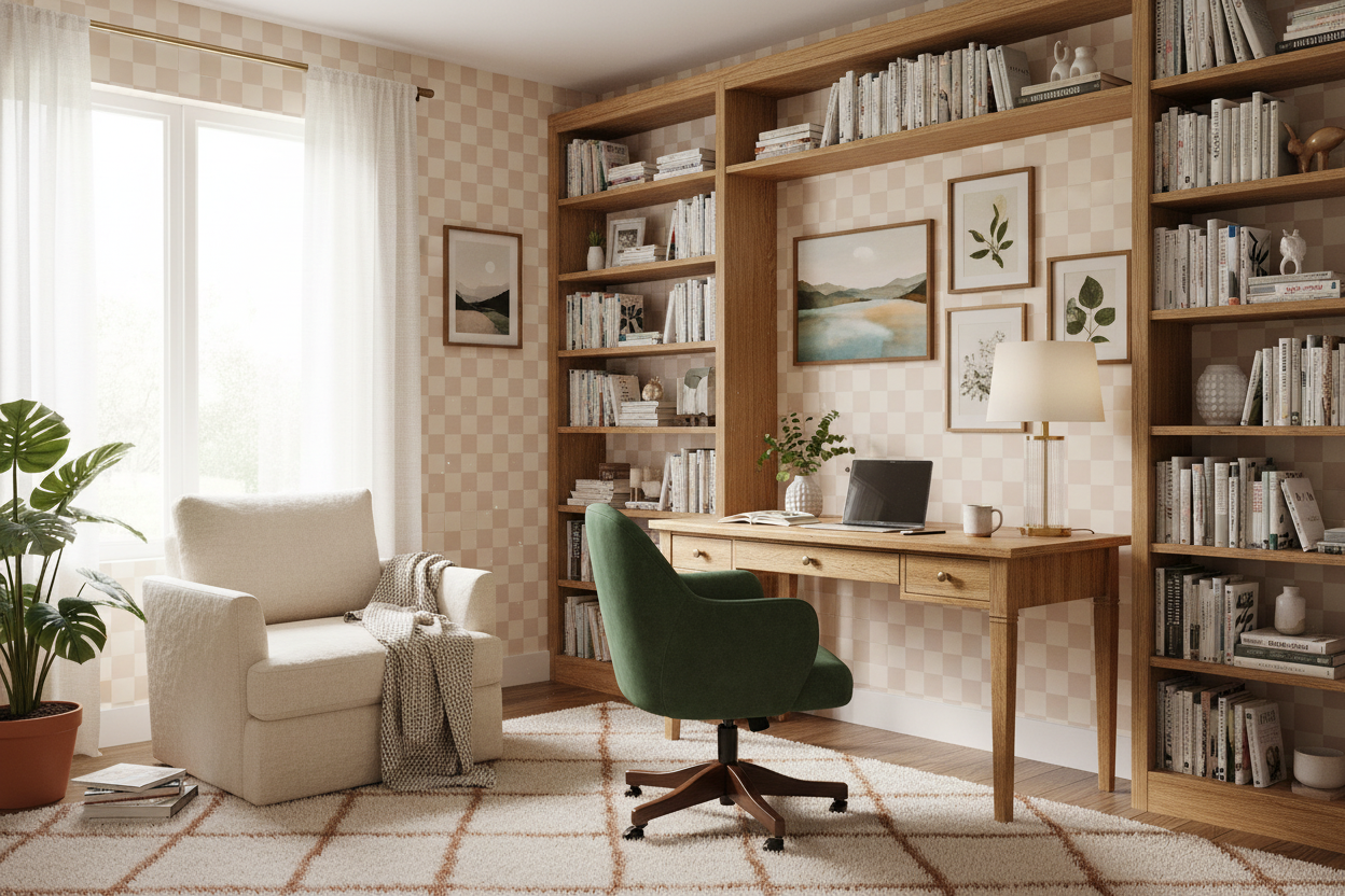 Reval Wallpaper Checkers - Sand - Tapet med rutigt mönster i rosa och beige – högkvalitativ tapet för en personlig och har...
