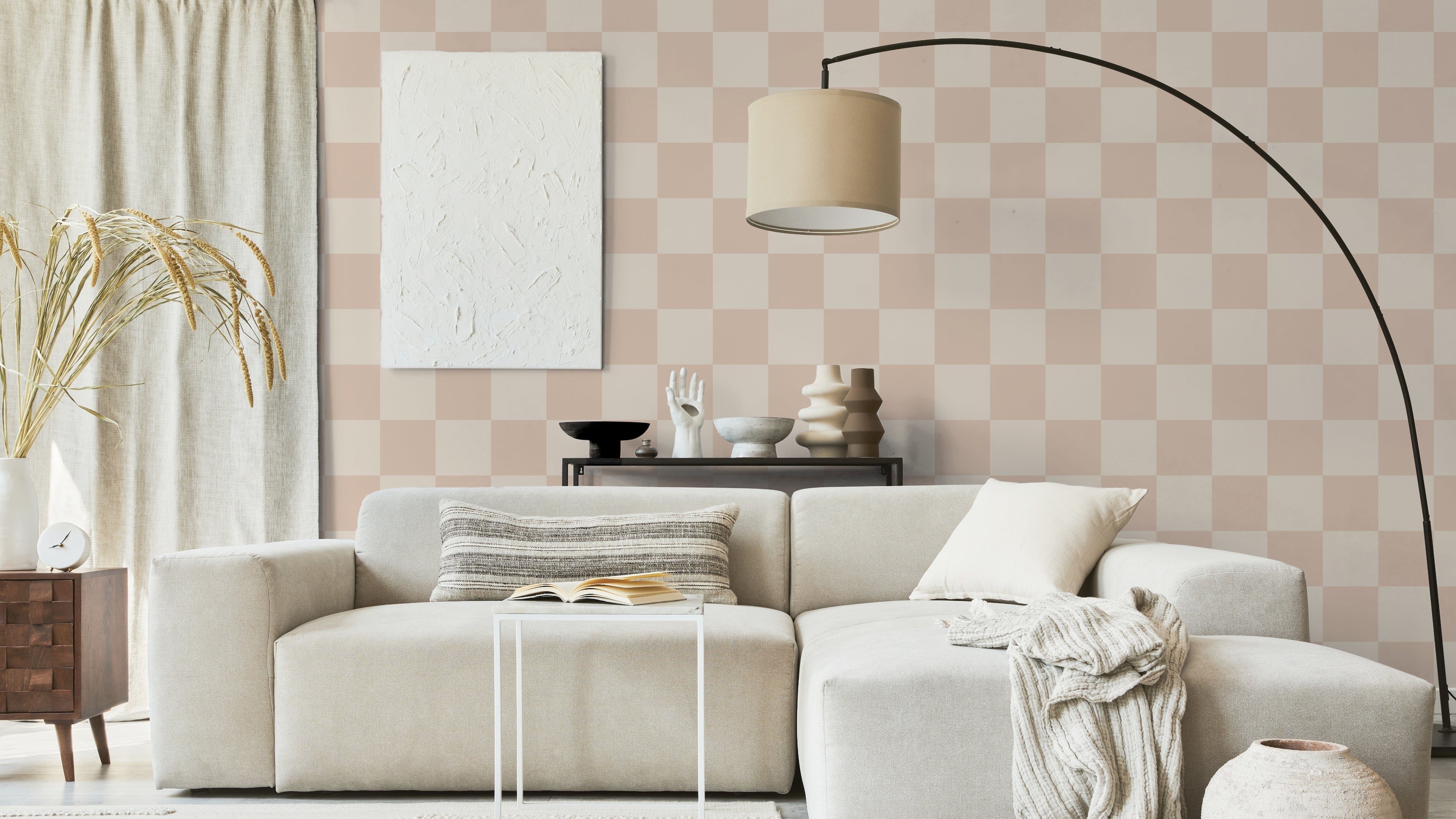 Reval Wallpaper Checkers - Sand - Tapet med rutigt mönster i rosa och beige – högkvalitativ tapet för en personlig och har...