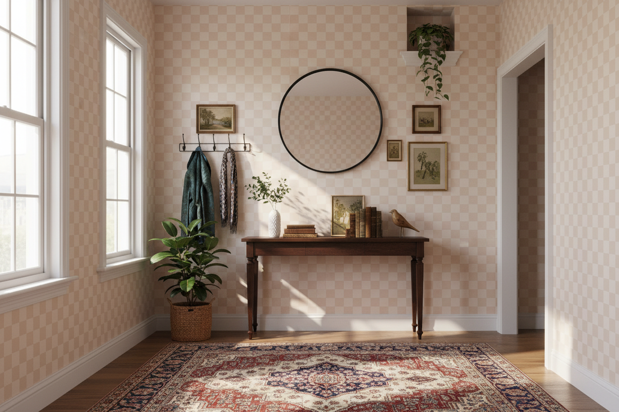 Reval Wallpaper Checkers - Sand - Tapet med rutigt mönster i rosa och beige – högkvalitativ tapet för en personlig och har...