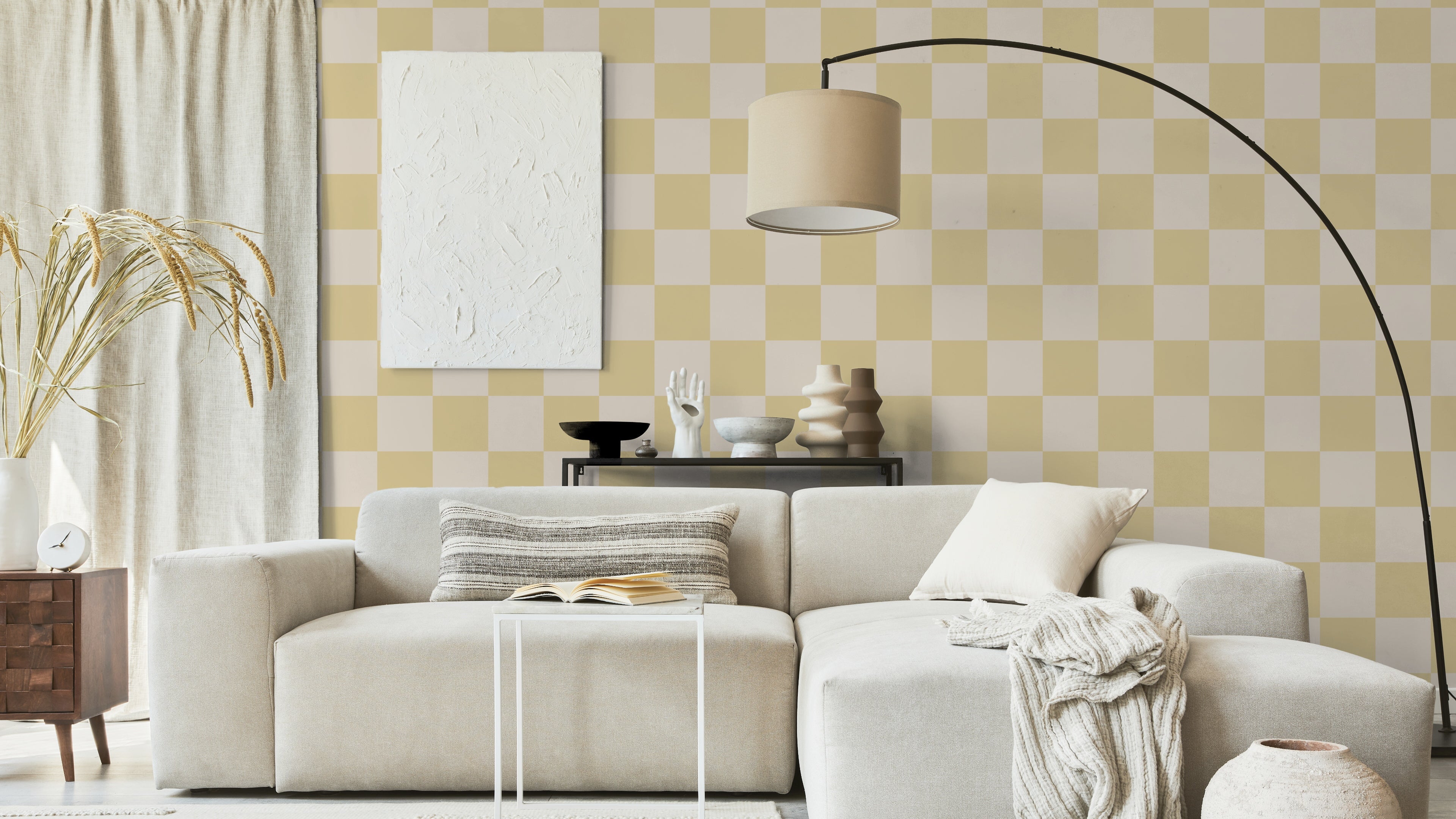 Reval Wallpaper Checkers - Wheat - Tapet med rutigt mönster i gult och beige – högkvalitativ tapet för en personlig och ha...