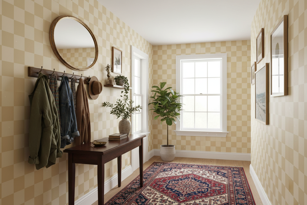 Reval Wallpaper Checkers - Wheat - Tapet med rutigt mönster i gult och beige – högkvalitativ tapet för en personlig och ha...