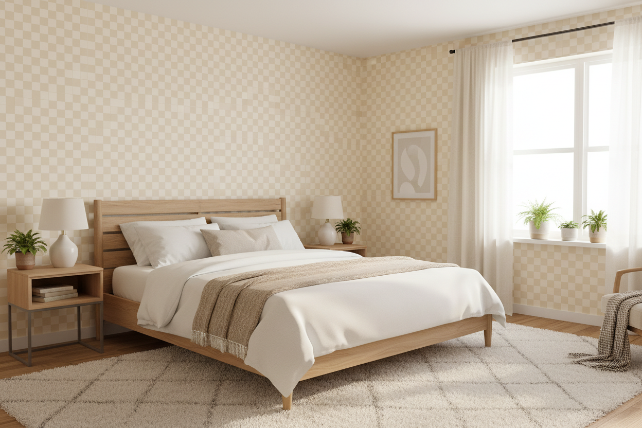 Reval Wallpaper Checkers - Wheat - Tapet med rutigt mönster i gult och beige – högkvalitativ tapet för en personlig och ha...