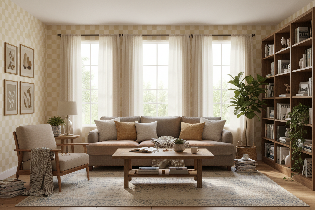 Reval Wallpaper Checkers - Wheat - Tapet med rutigt mönster i gult och beige – högkvalitativ tapet för en personlig och ha...