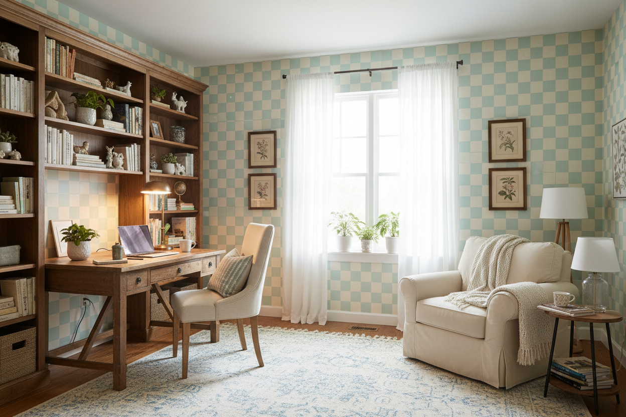 Reval Wallpaper Checkers - Mint - Tapet med rutigt mönster i grönt och beige – högkvalitativ tapet för en personlig och ha...