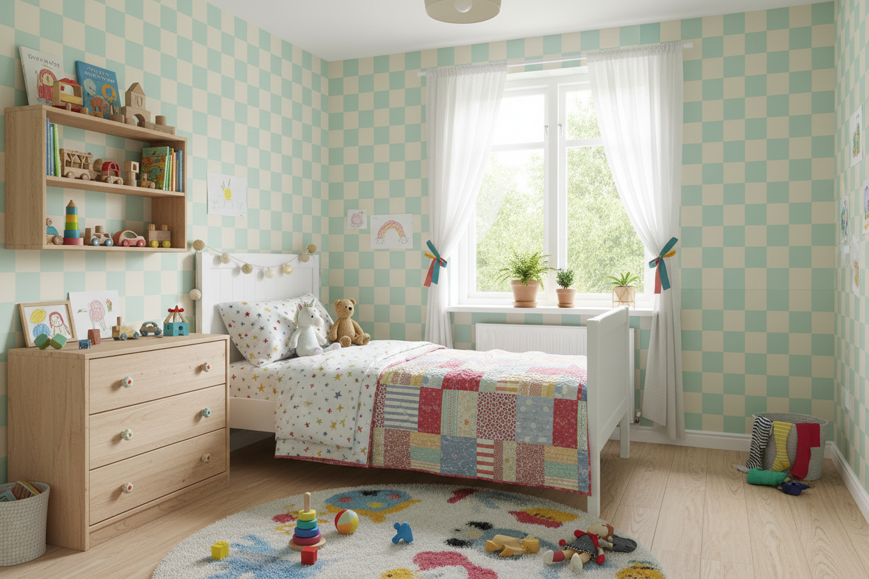Reval Wallpaper Checkers - Mint - Tapet med rutigt mönster i grönt och beige – högkvalitativ tapet för en personlig och ha...