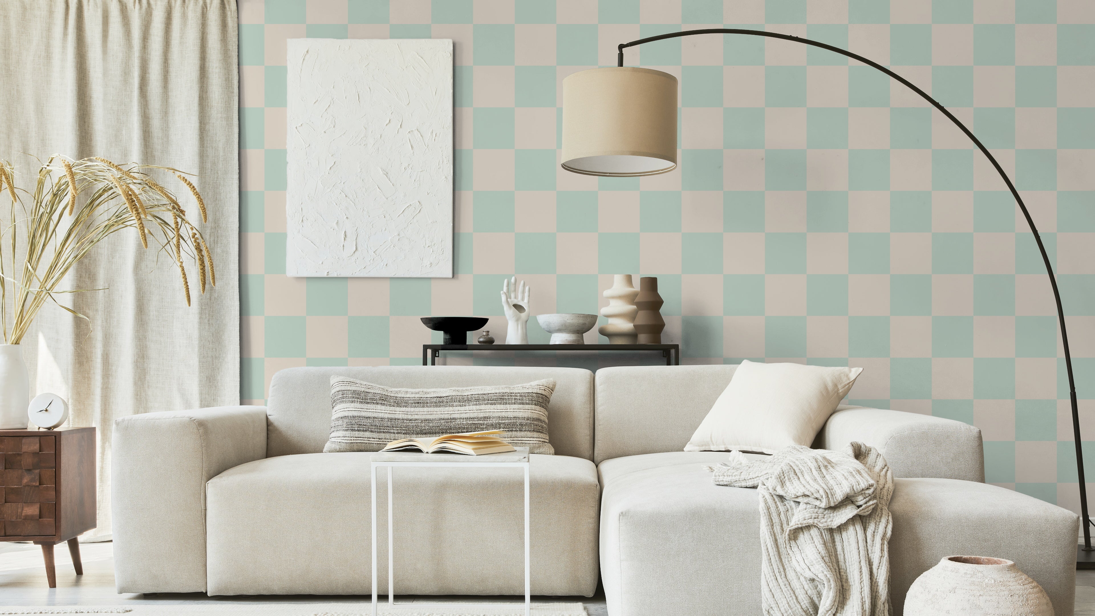 Reval Wallpaper Checkers - Mint - Tapet med rutigt mönster i grönt och beige – högkvalitativ tapet för en personlig och ha...