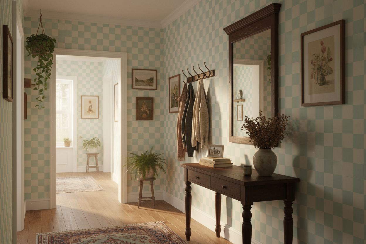 Reval Wallpaper Checkers - Mint - Tapet med rutigt mönster i grönt och beige – högkvalitativ tapet för en personlig och ha...