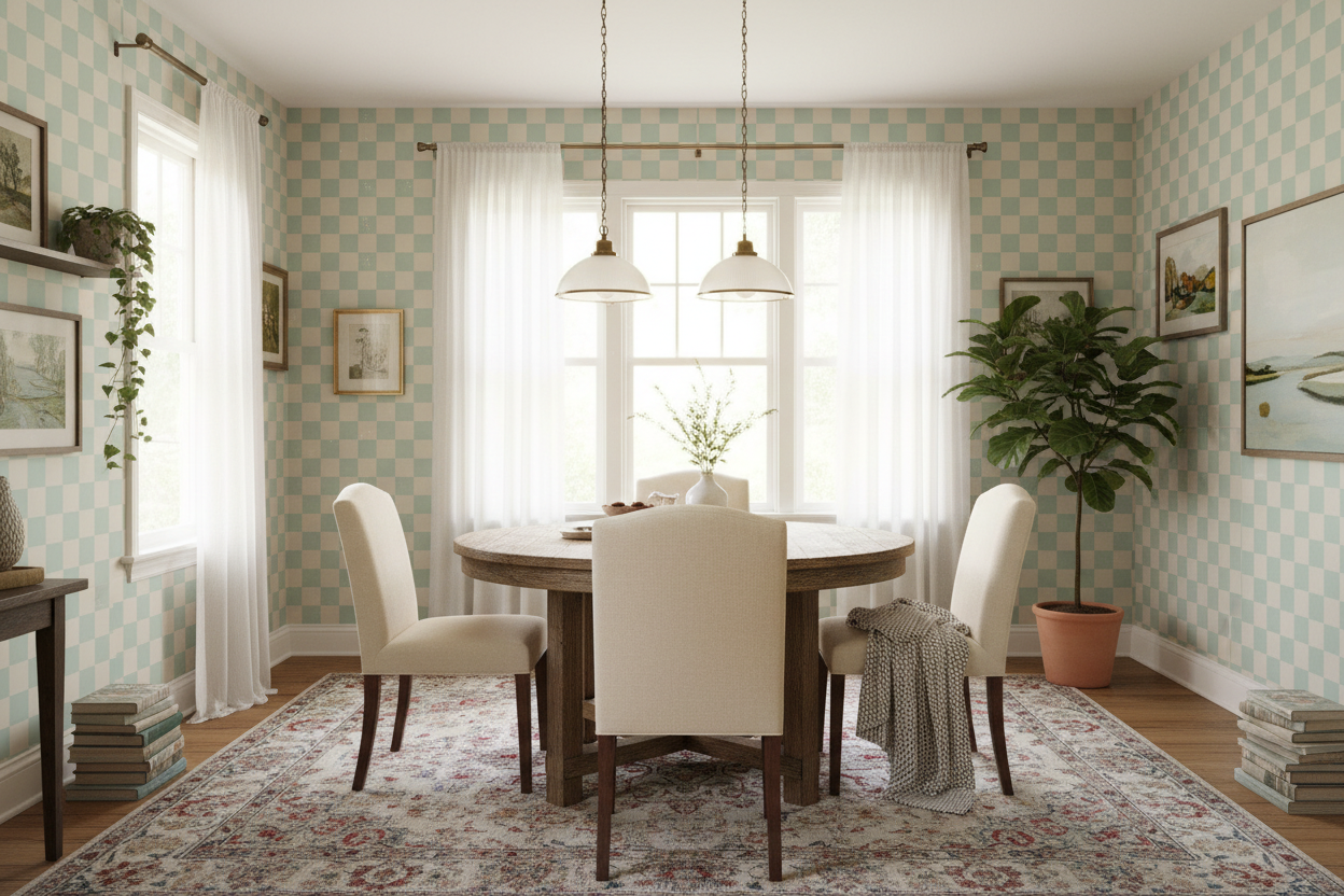 Reval Wallpaper Checkers - Mint - Tapet med rutigt mönster i grönt och beige – högkvalitativ tapet för en personlig och ha...