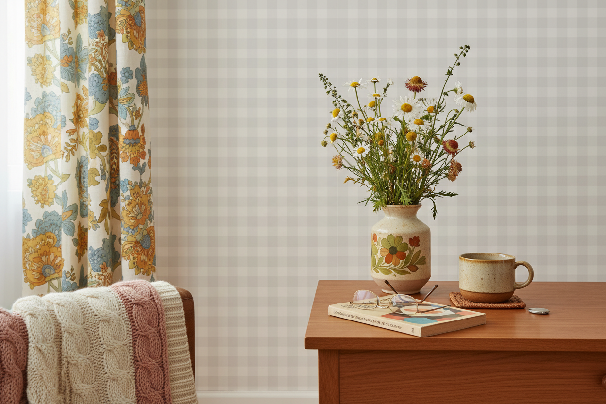 Gingham - Pearl - Klassisk tapet med rutmönster i pastellfärger