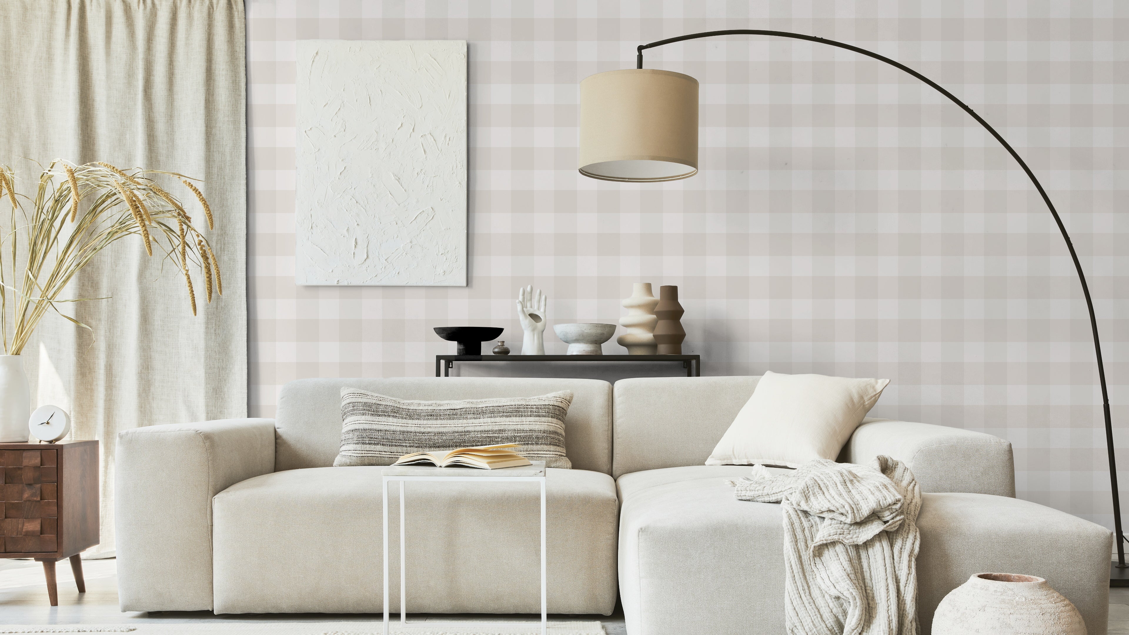 Reval Wallpaper Gingham - Beige - Klassisk tapet med rutmönster i beige – högkvalitativ tapet för en personlig och harmoni...