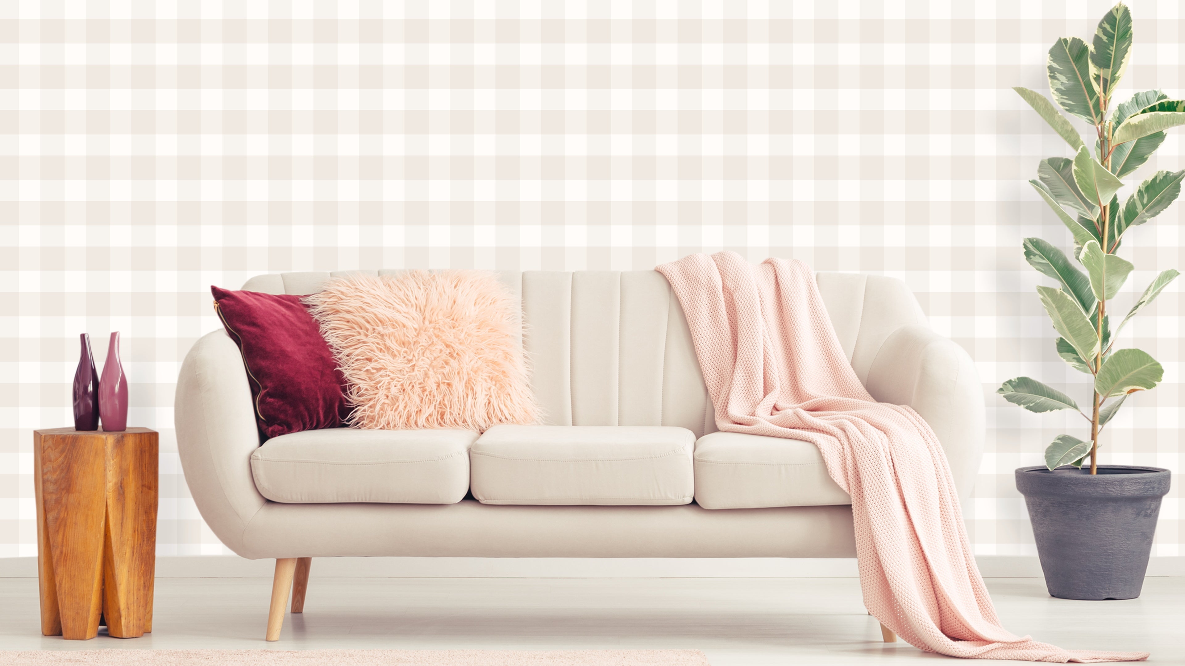 Reval Wallpaper Gingham - Beige - Klassisk tapet med rutmönster i beige – högkvalitativ tapet för en personlig och harmoni...