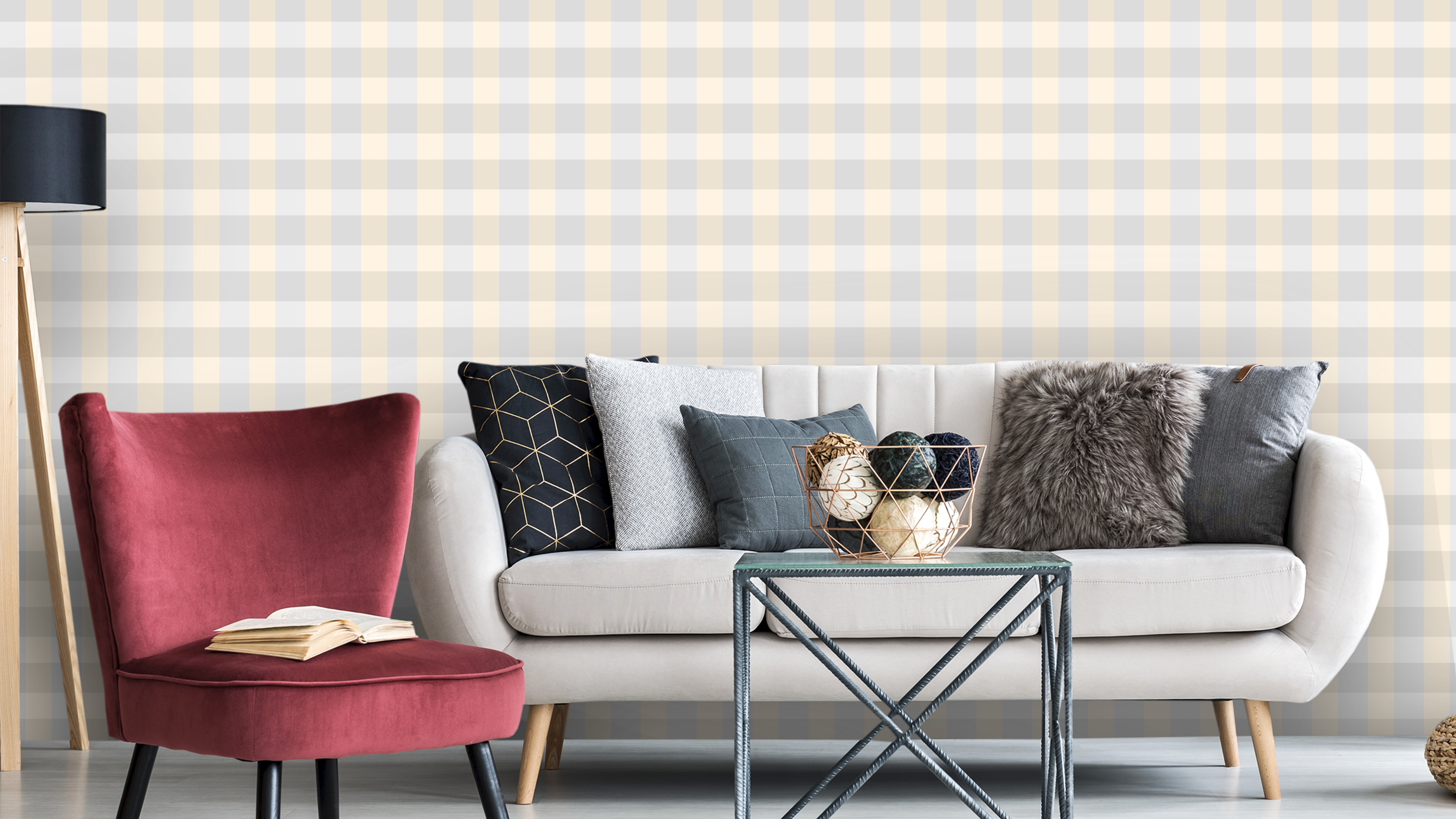 Reval Wallpaper Gingham - Oyster - Klassisk tapet med rutmönster i oyster – högkvalitativ tapet för en personlig och harmo...