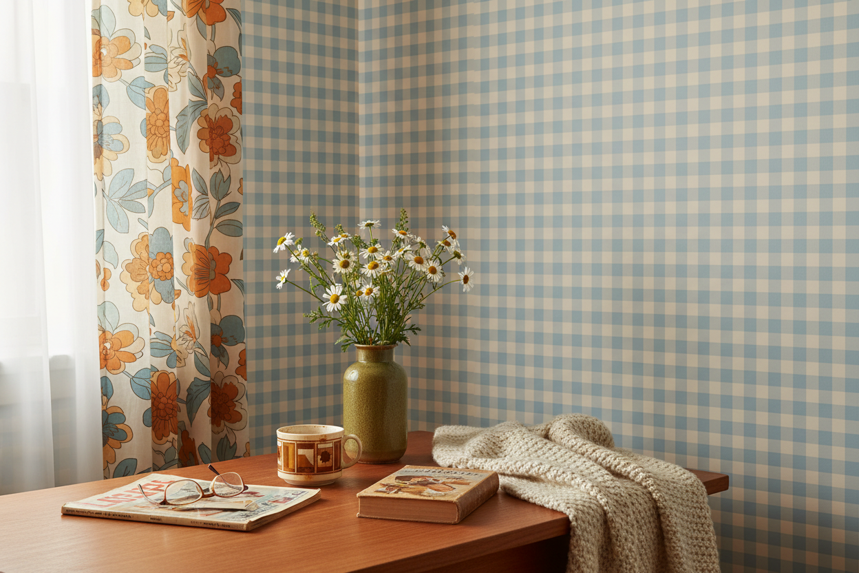 Reval Wallpaper Gingham - Sky - Klassisk tapet med rutmönster i ljusblått – högkvalitativ tapet för en personlig och harmo...