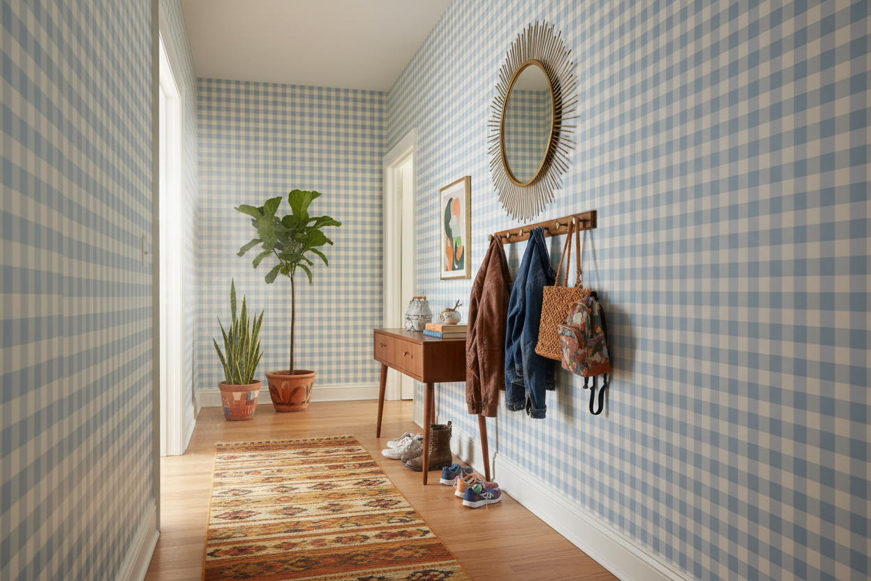 Reval Wallpaper Gingham - Sky - Klassisk tapet med rutmönster i ljusblått – högkvalitativ tapet för en personlig och harmo...