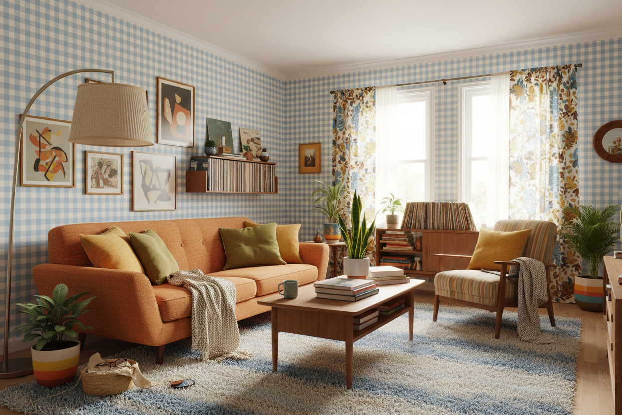 Reval Wallpaper Gingham - Sky - Klassisk tapet med rutmönster i ljusblått – högkvalitativ tapet för en personlig och harmo...