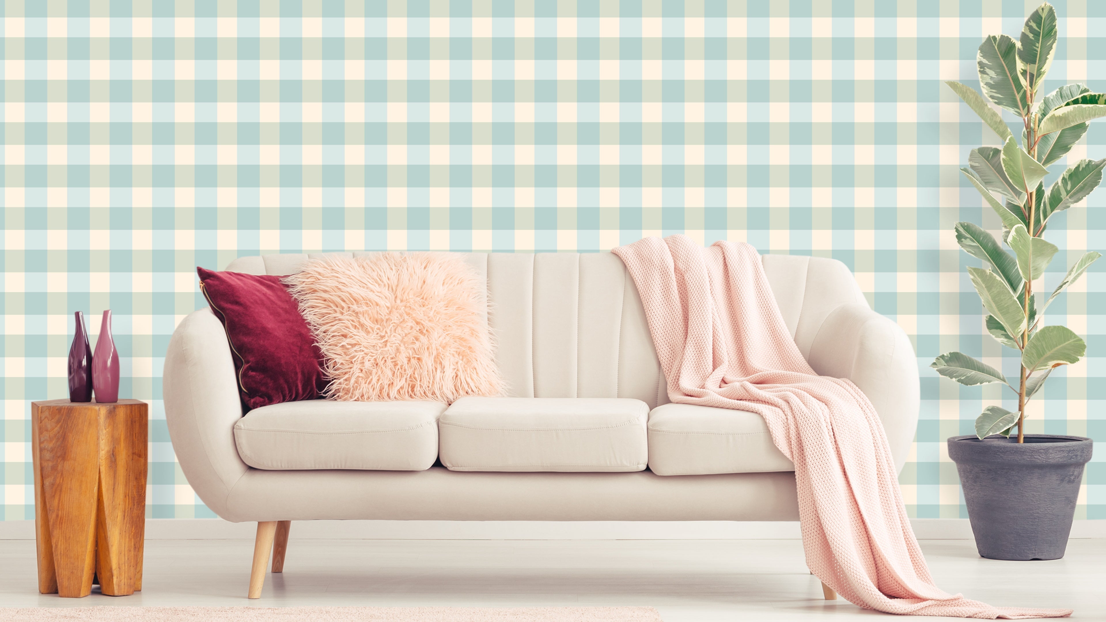 Reval Wallpaper Gingham - Mediterranean - Klassisk tapet med rutmönster i turkos – högkvalitativ tapet för en personlig oc...