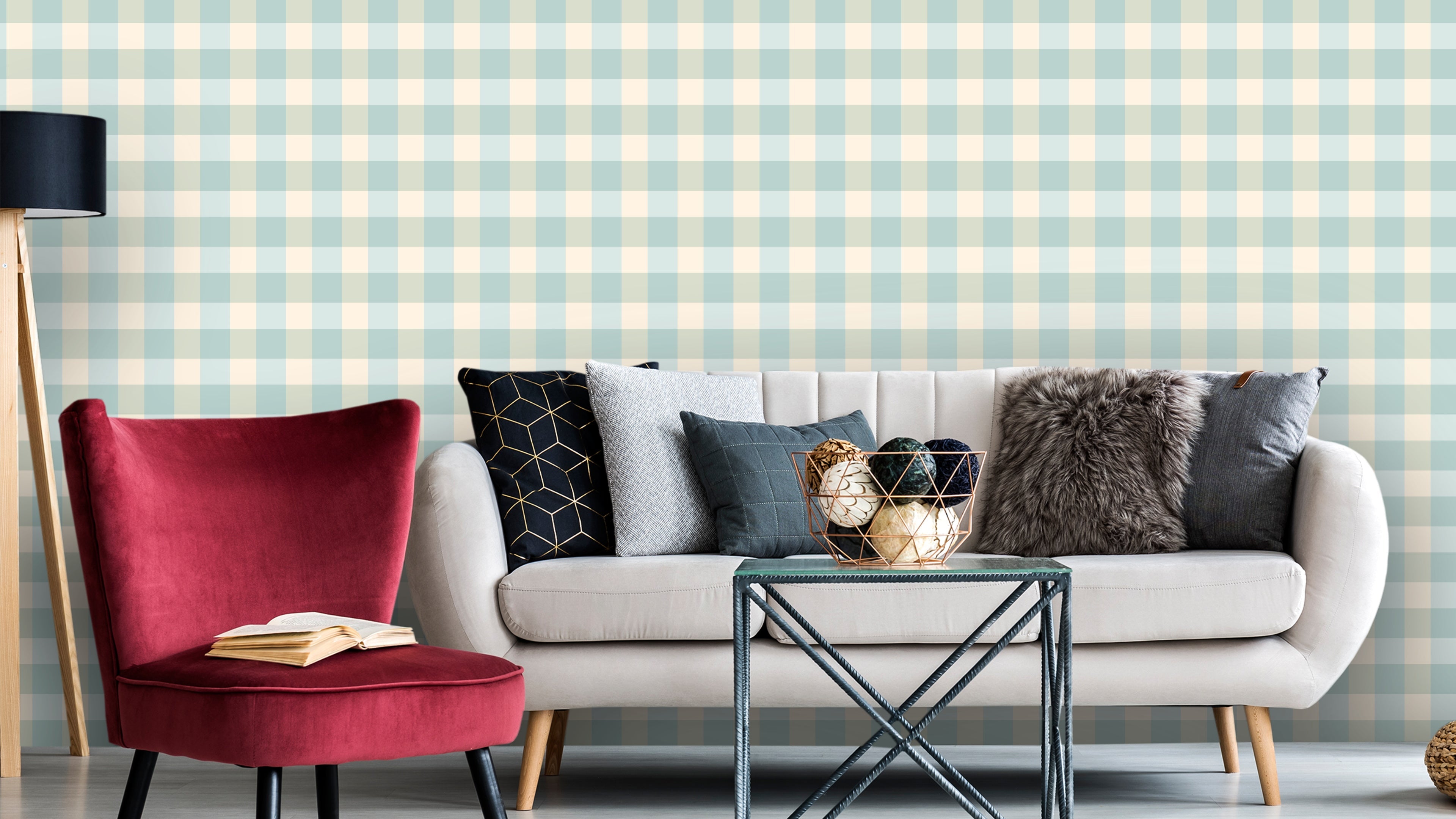 Reval Wallpaper Gingham - Mediterranean - Klassisk tapet med rutmönster i turkos – högkvalitativ tapet för en personlig oc...