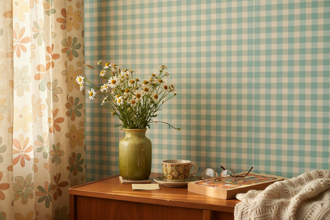 Reval Wallpaper Gingham - Mediterranean - Klassisk tapet med rutmönster i turkos – högkvalitativ tapet för en personlig oc...