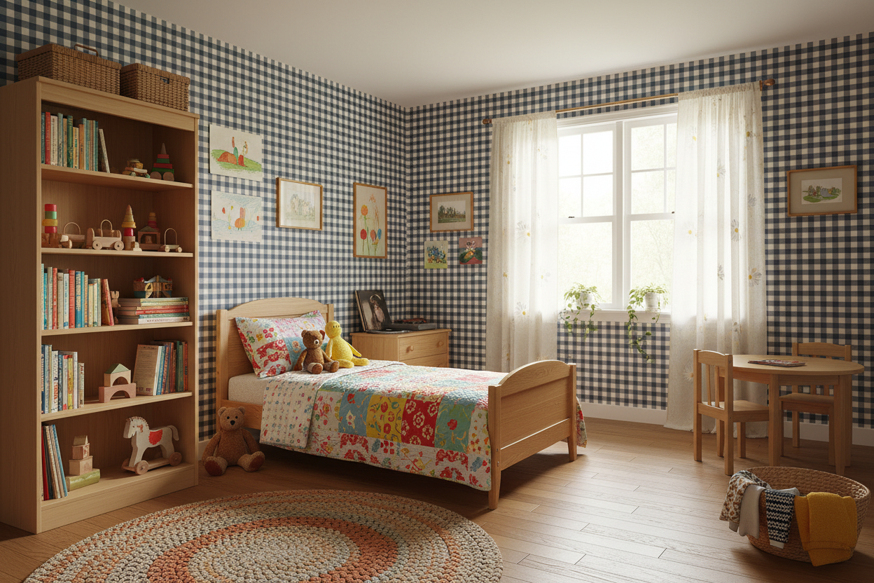 Reval Wallpaper Gingham - Pyjamas - Klassisk tapet med rutmönster i blågrått – högkvalitativ tapet för en personlig och ha...