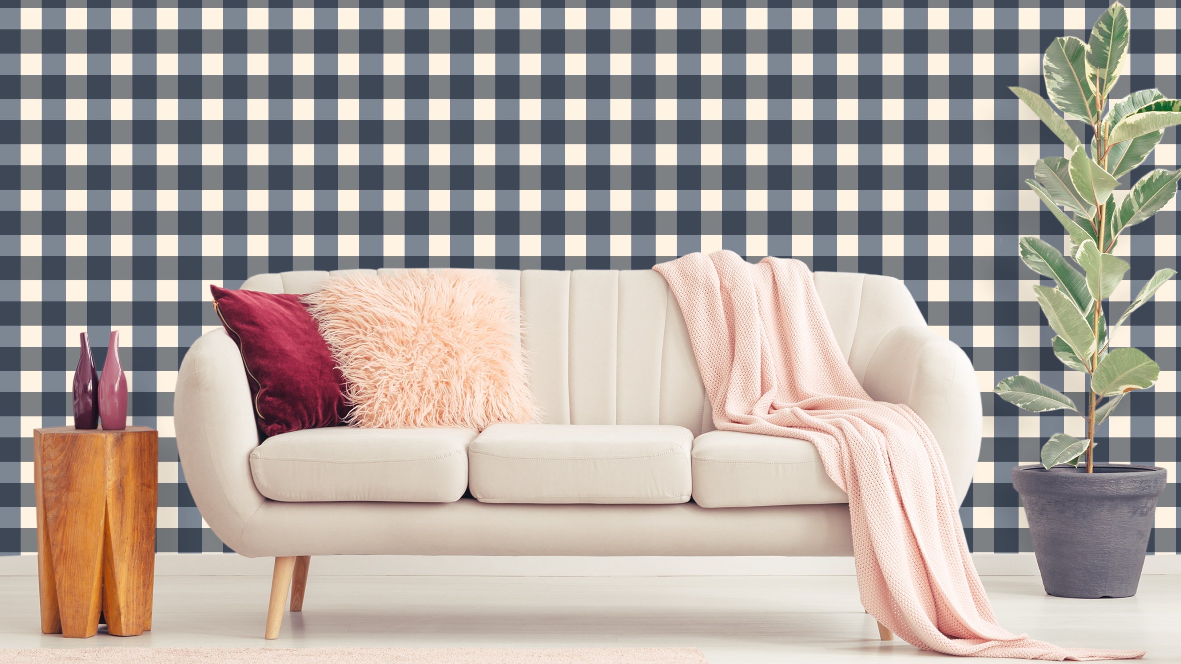 Reval Wallpaper Gingham - Pyjamas - Klassisk tapet med rutmönster i blågrått – högkvalitativ tapet för en personlig och ha...