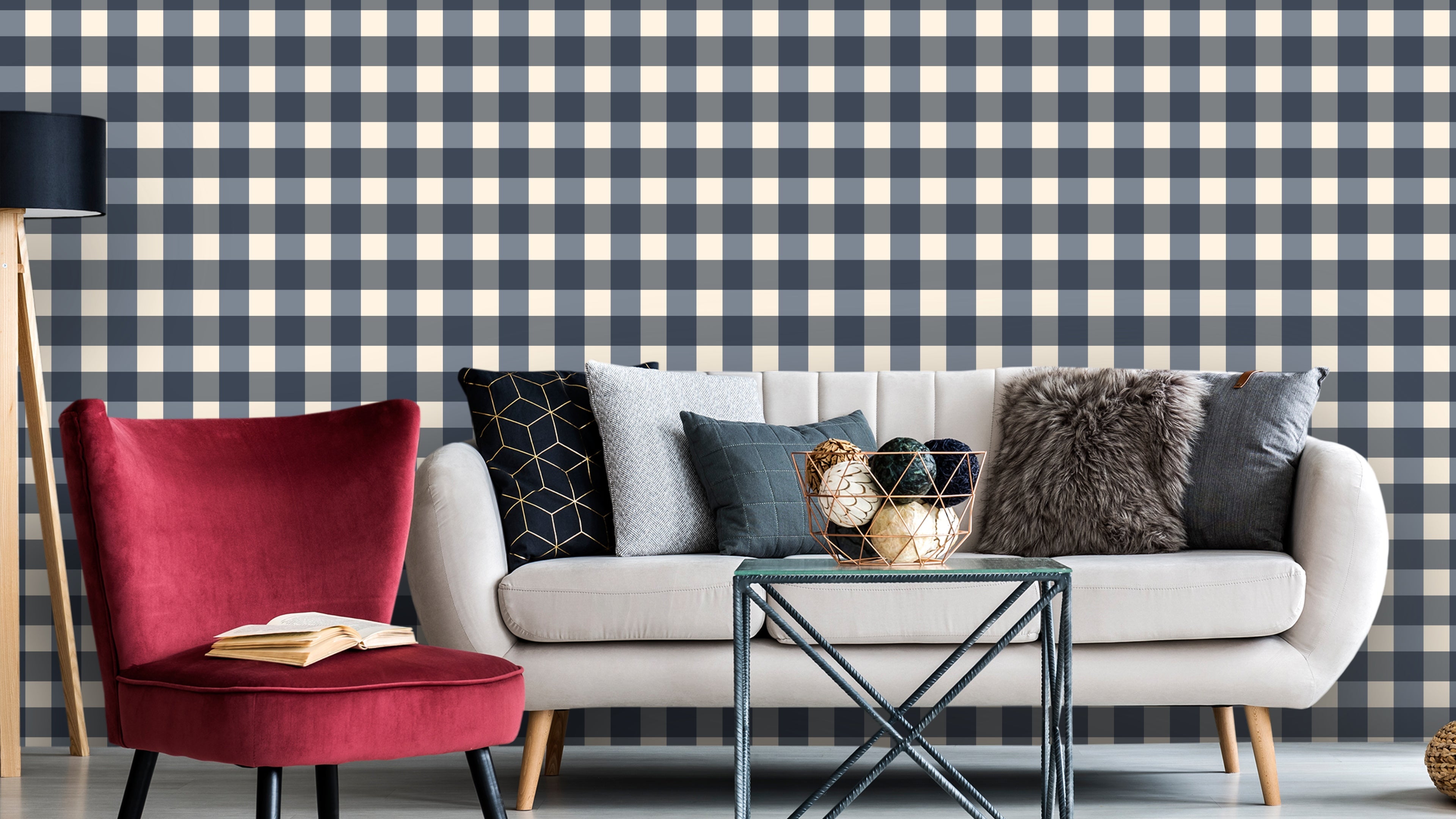 Reval Wallpaper Gingham - Pyjamas - Klassisk tapet med rutmönster i blågrått – högkvalitativ tapet för en personlig och ha...