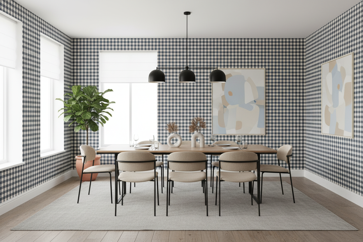 Reval Wallpaper Gingham - Pyjamas - Klassisk tapet med rutmönster i blågrått – högkvalitativ tapet för en personlig och ha...