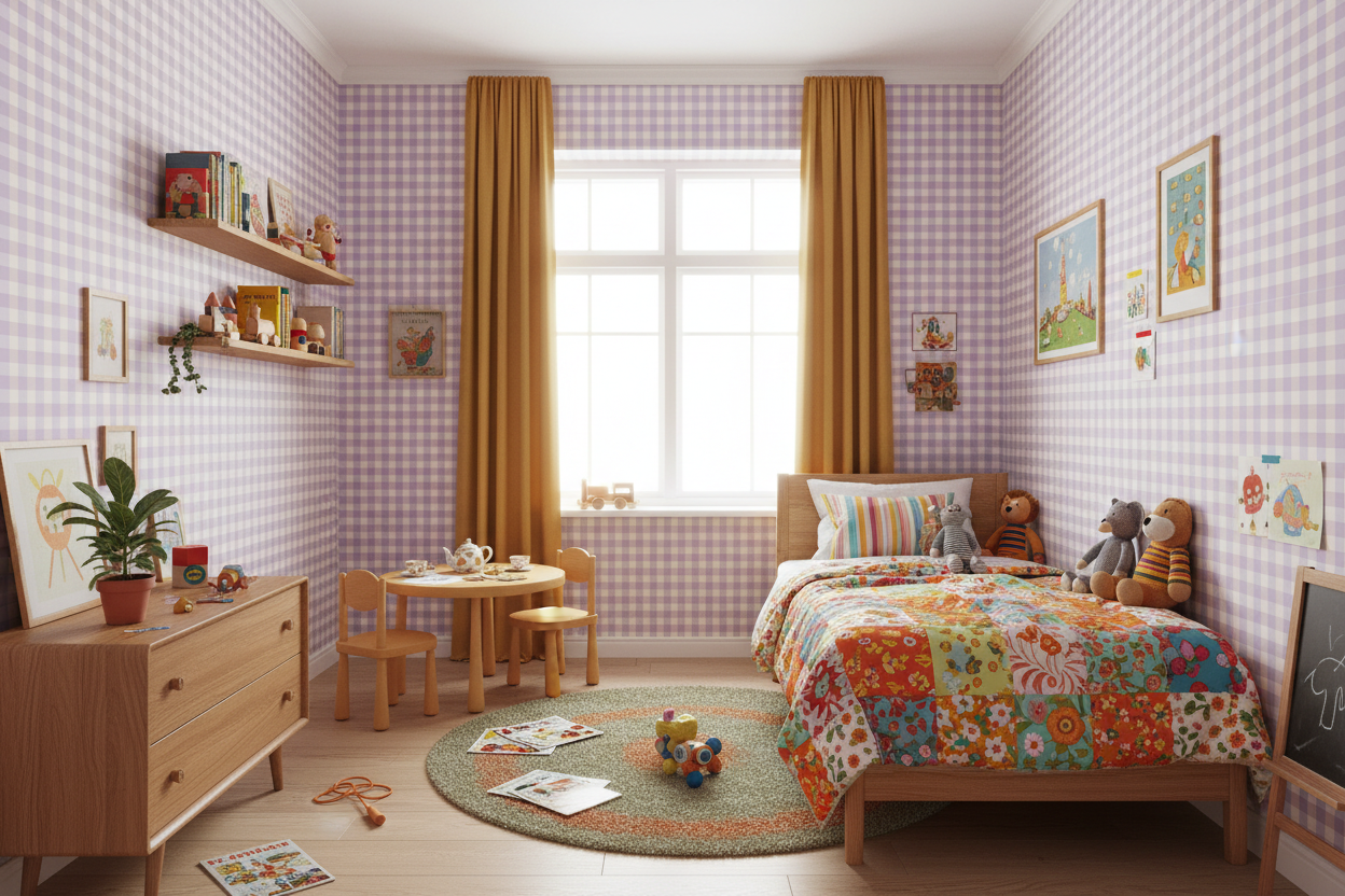 Reval Wallpaper Gingham - Lilac - Klassisk tapet med rutmönster i lila – högkvalitativ tapet för en personlig och harmonis...