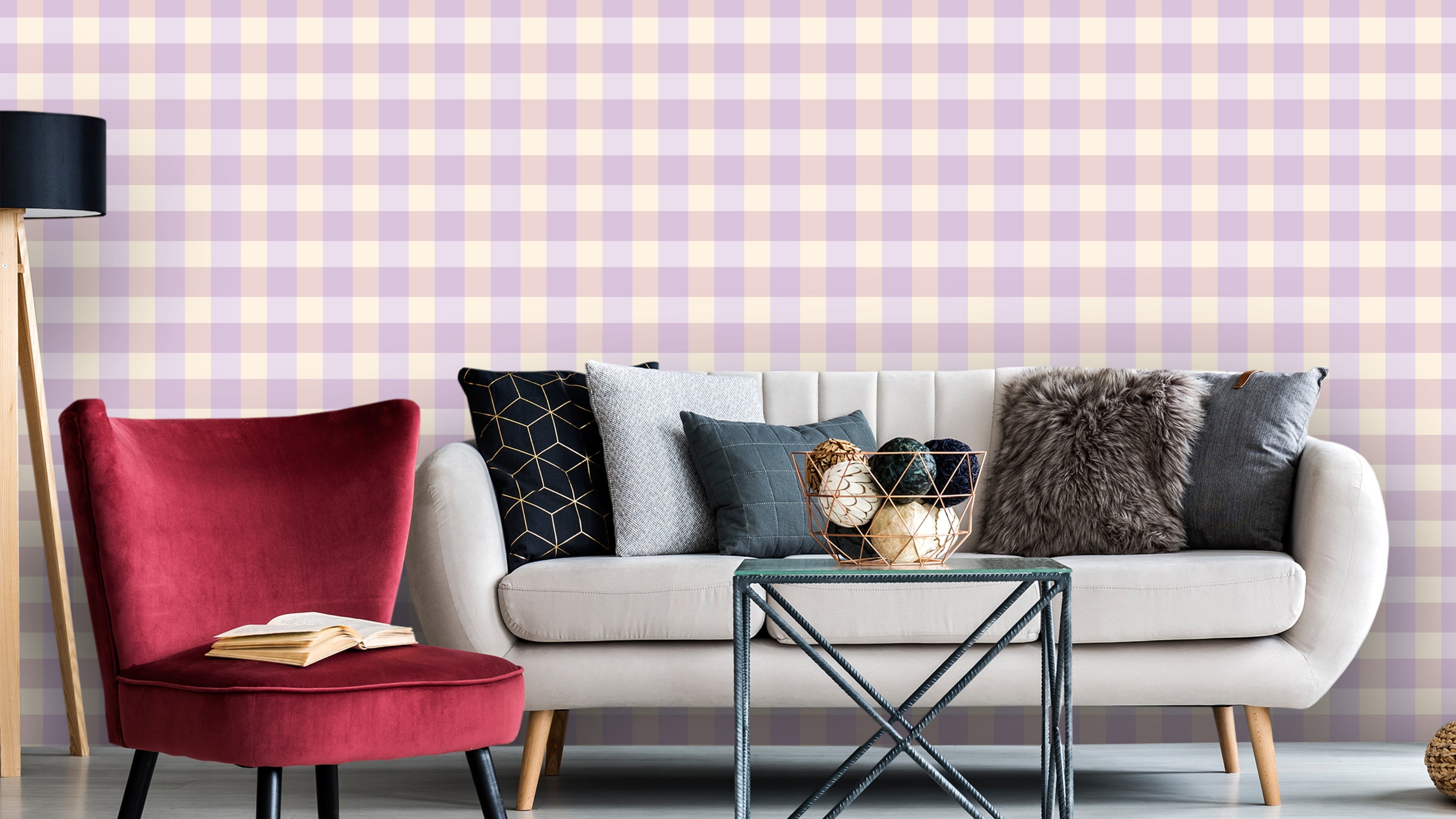 Reval Wallpaper Gingham - Lilac - Klassisk tapet med rutmönster i lila – högkvalitativ tapet för en personlig och harmonis...