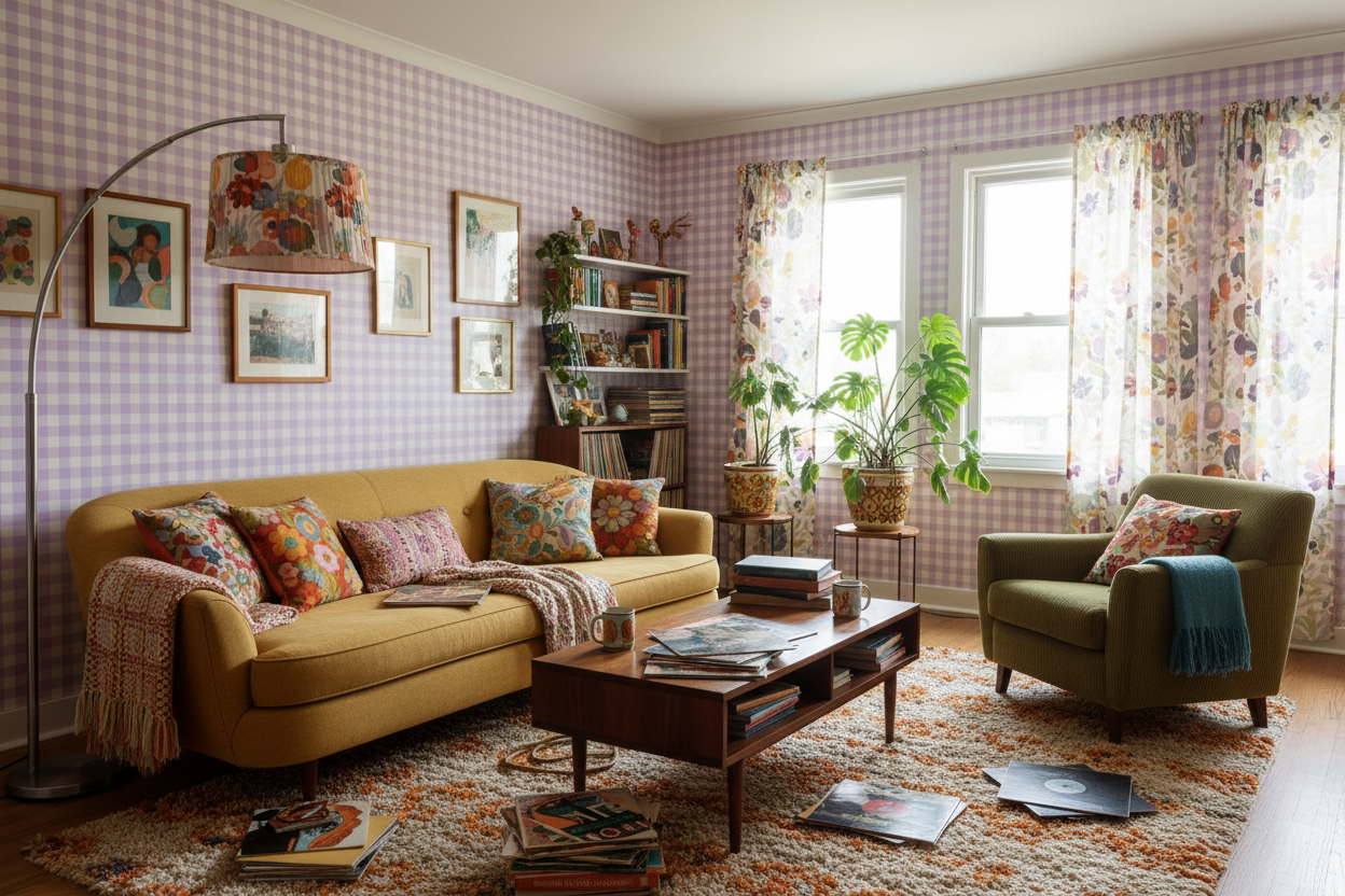 Reval Wallpaper Gingham - Lilac - Klassisk tapet med rutmönster i lila – högkvalitativ tapet för en personlig och harmonis...