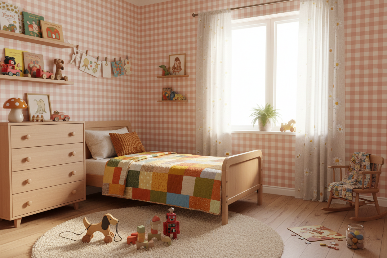 Reval Wallpaper Gingham - Peach - Klassisk tapet med rutmönster i persika – högkvalitativ tapet för en personlig och harmo...