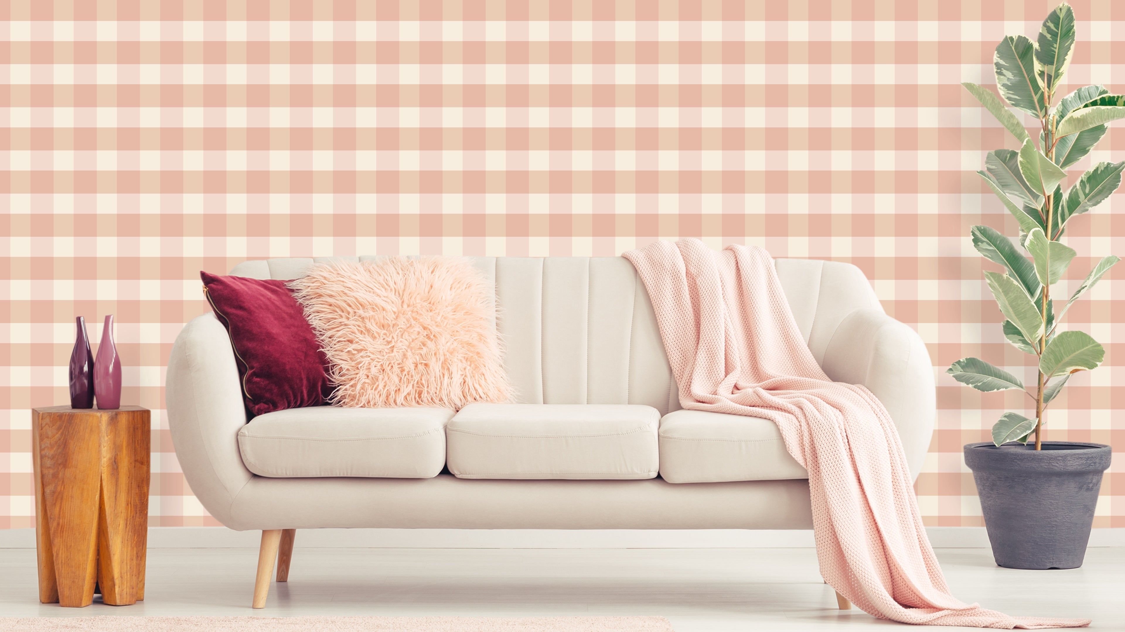 Reval Wallpaper Gingham - Peach - Klassisk tapet med rutmönster i persika – högkvalitativ tapet för en personlig och harmo...