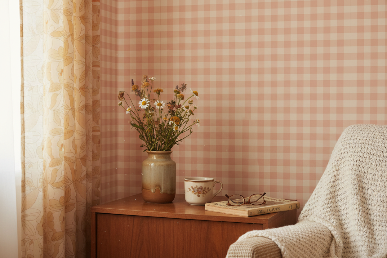 Reval Wallpaper Gingham - Peach - Klassisk tapet med rutmönster i persika – högkvalitativ tapet för en personlig och harmo...