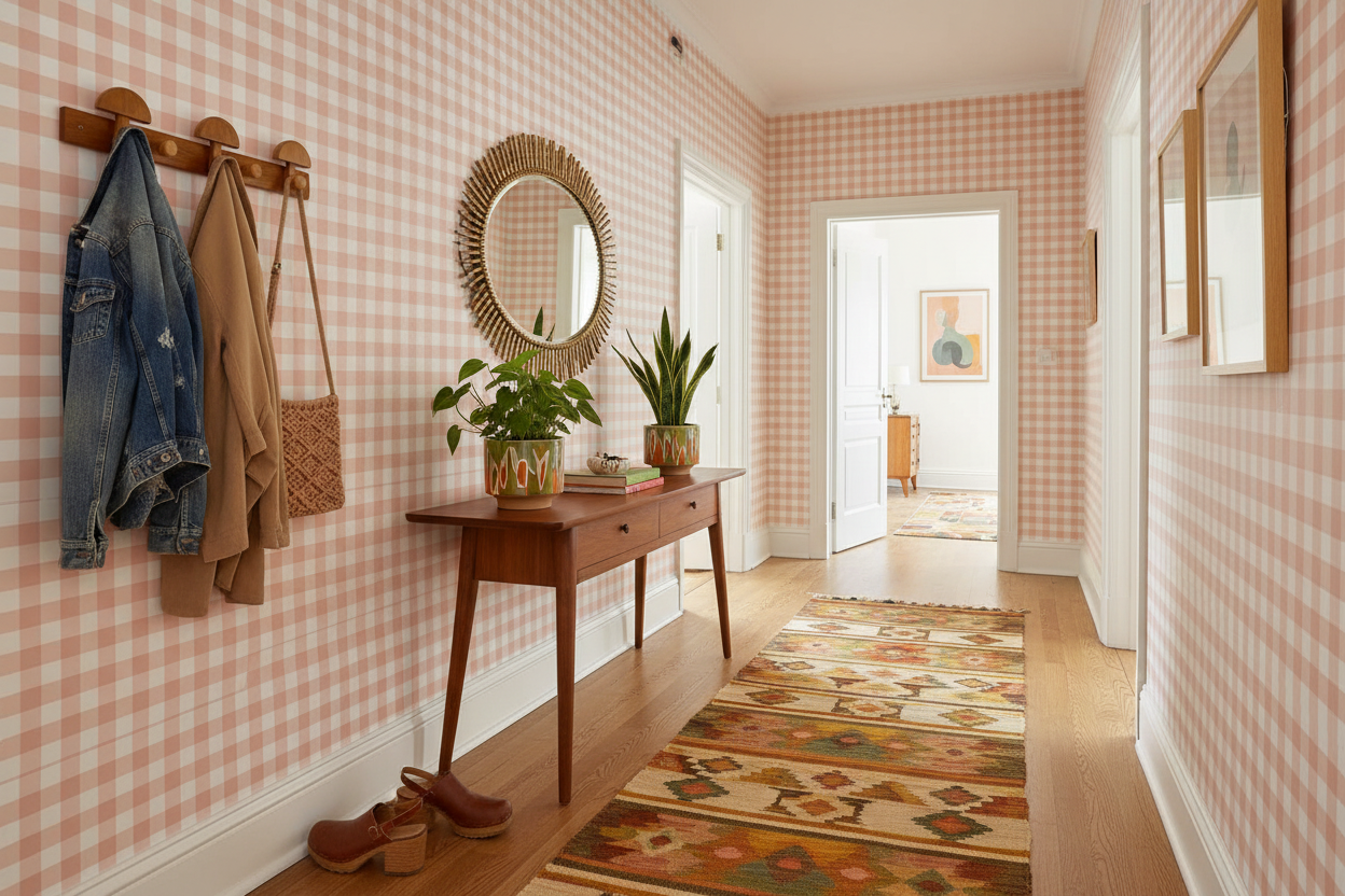 Reval Wallpaper Gingham - Peach - Klassisk tapet med rutmönster i persika – högkvalitativ tapet för en personlig och harmo...