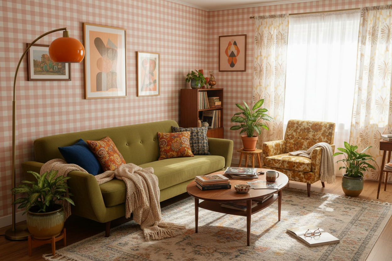 Reval Wallpaper Gingham - Peach - Klassisk tapet med rutmönster i persika – högkvalitativ tapet för en personlig och harmo...