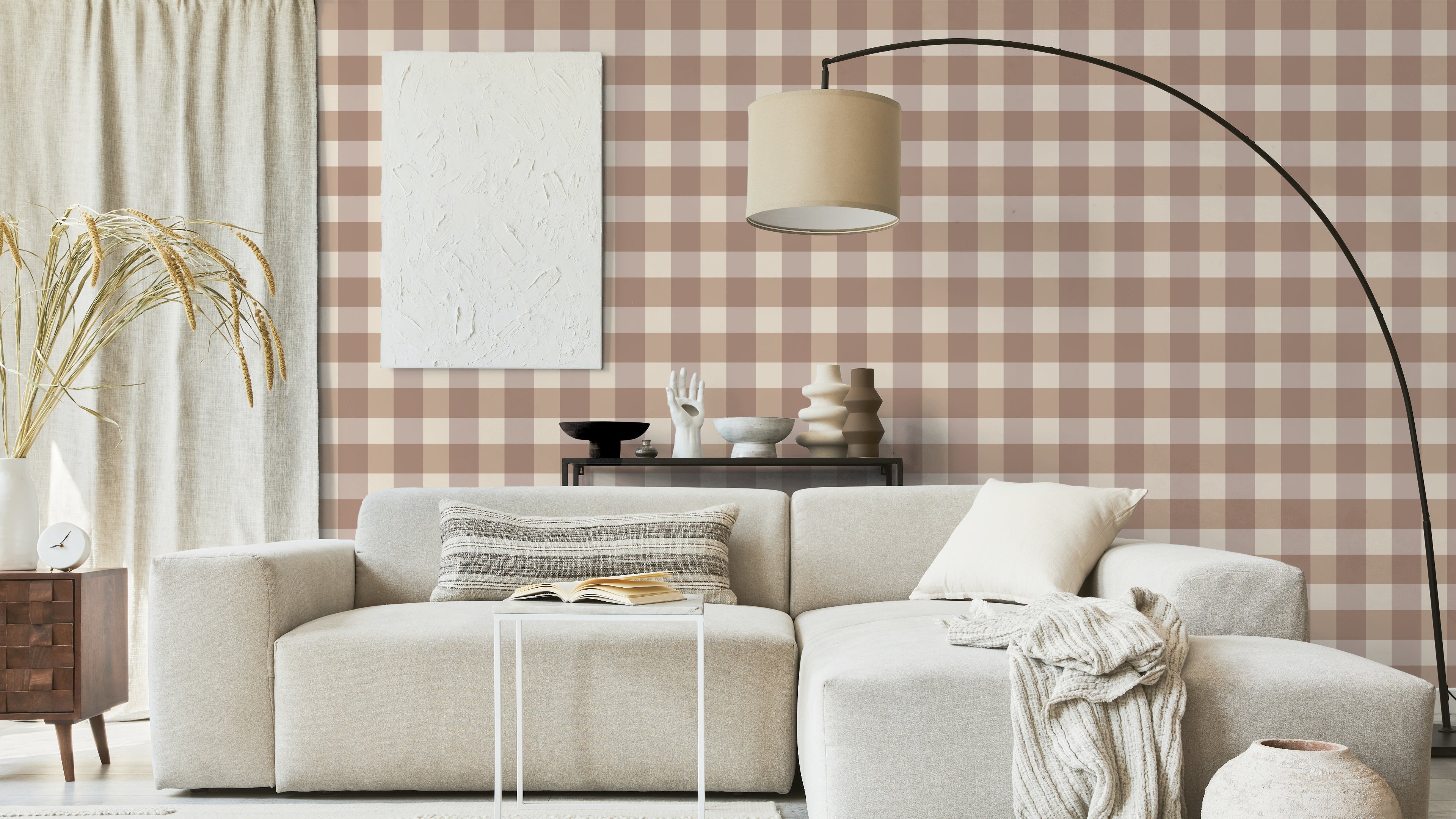 Reval Wallpaper Gingham - Mole - Klassisk tapet med rutmönster i brunt – högkvalitativ tapet för en personlig och harmonis...