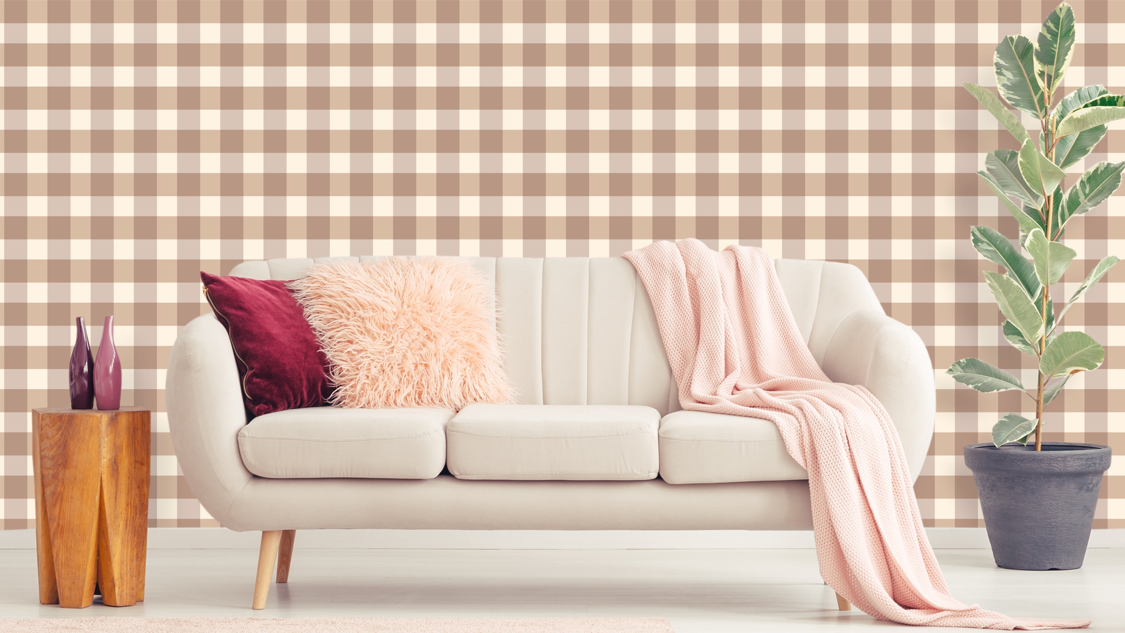 Reval Wallpaper Gingham - Mole - Klassisk tapet med rutmönster i brunt – högkvalitativ tapet för en personlig och harmonis...