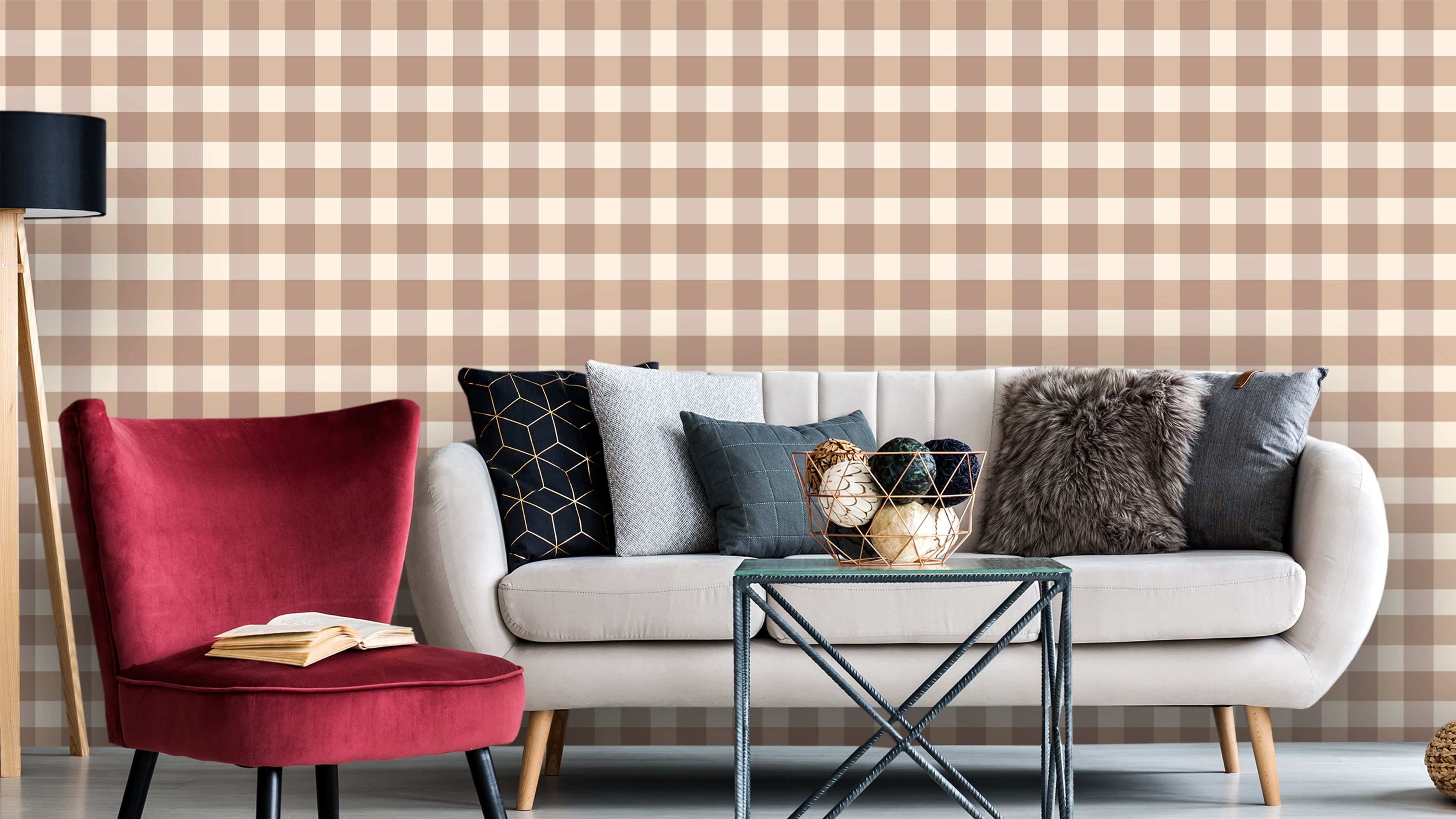 Reval Wallpaper Gingham - Mole - Klassisk tapet med rutmönster i brunt – högkvalitativ tapet för en personlig och harmonis...