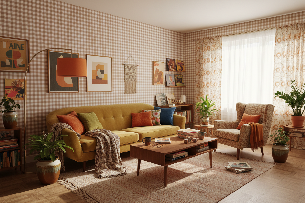 Reval Wallpaper Gingham - Mole - Klassisk tapet med rutmönster i brunt – högkvalitativ tapet för en personlig och harmonis...