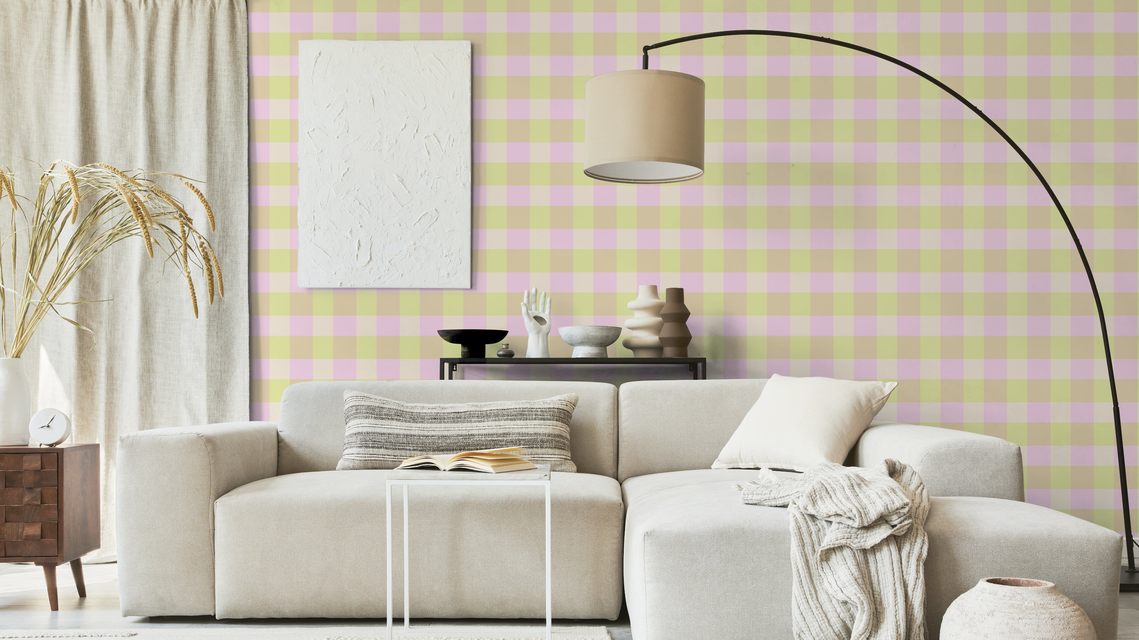 Reval Wallpaper Gingham - Cupcake - Klassisk tapet med rutmönster i rosa och gult – högkvalitativ tapet för en personlig o...