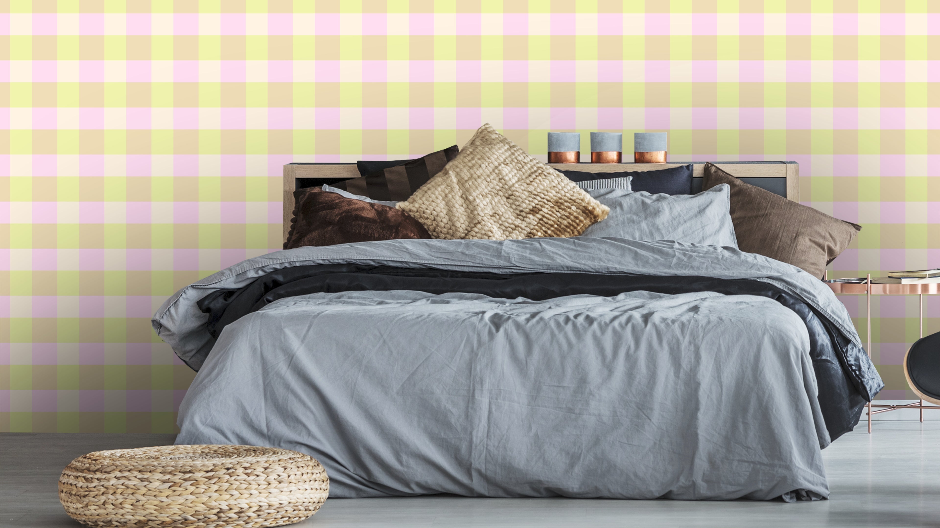 Reval Wallpaper Gingham - Cupcake - Klassisk tapet med rutmönster i rosa och gult – högkvalitativ tapet för en personlig o...