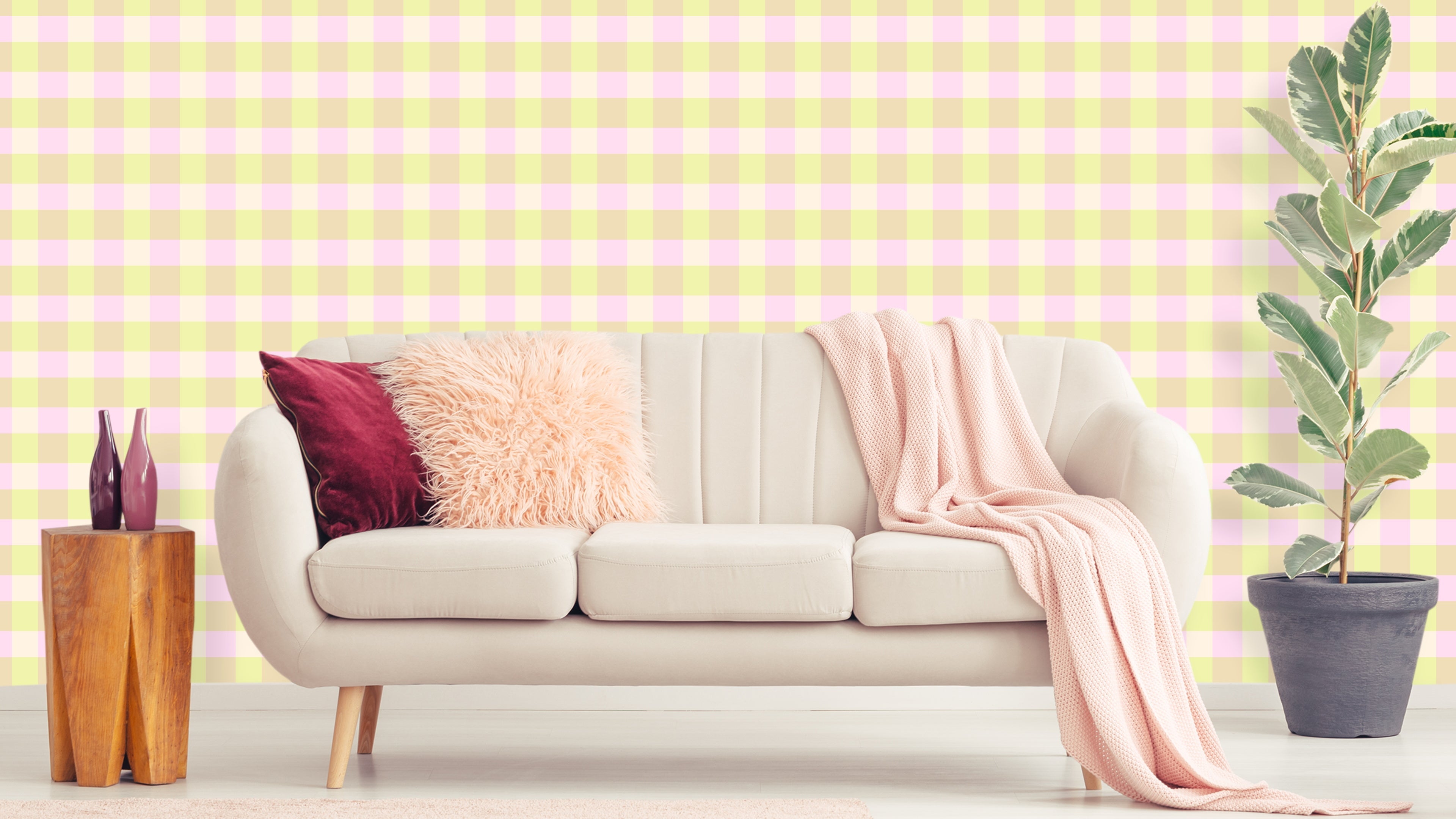 Reval Wallpaper Gingham - Cupcake - Klassisk tapet med rutmönster i rosa och gult – högkvalitativ tapet för en personlig o...